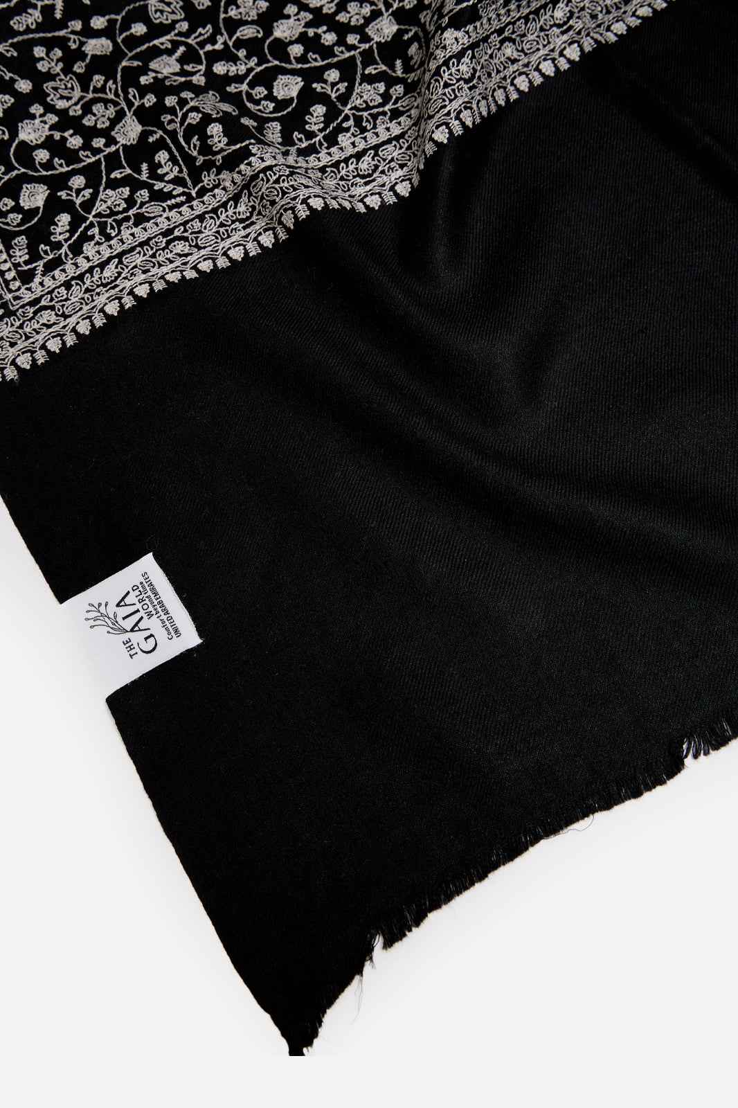 Black Fine Wool Shawl with Floral Machine Embroidery & Traditional Border | Eudora
