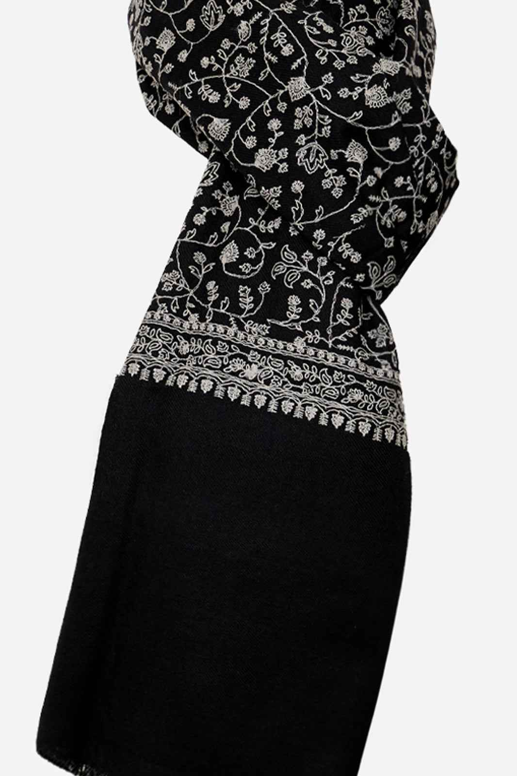 Black Fine Wool Shawl with Floral Machine Embroidery & Traditional Border | Eudora