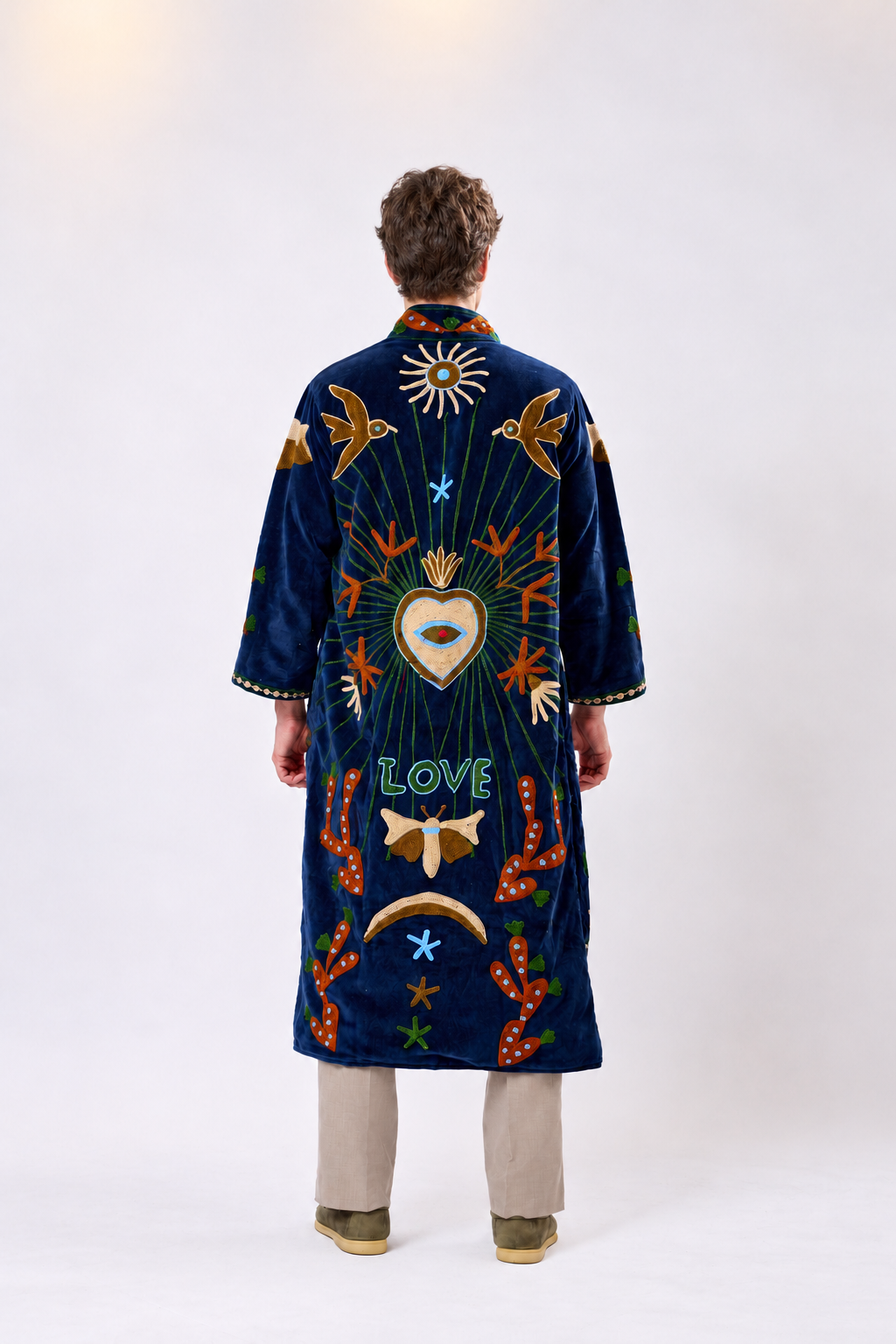 Reversible Navy Blue Velvet Long Jacket with Colourful Embroidered Motifs | Nereo