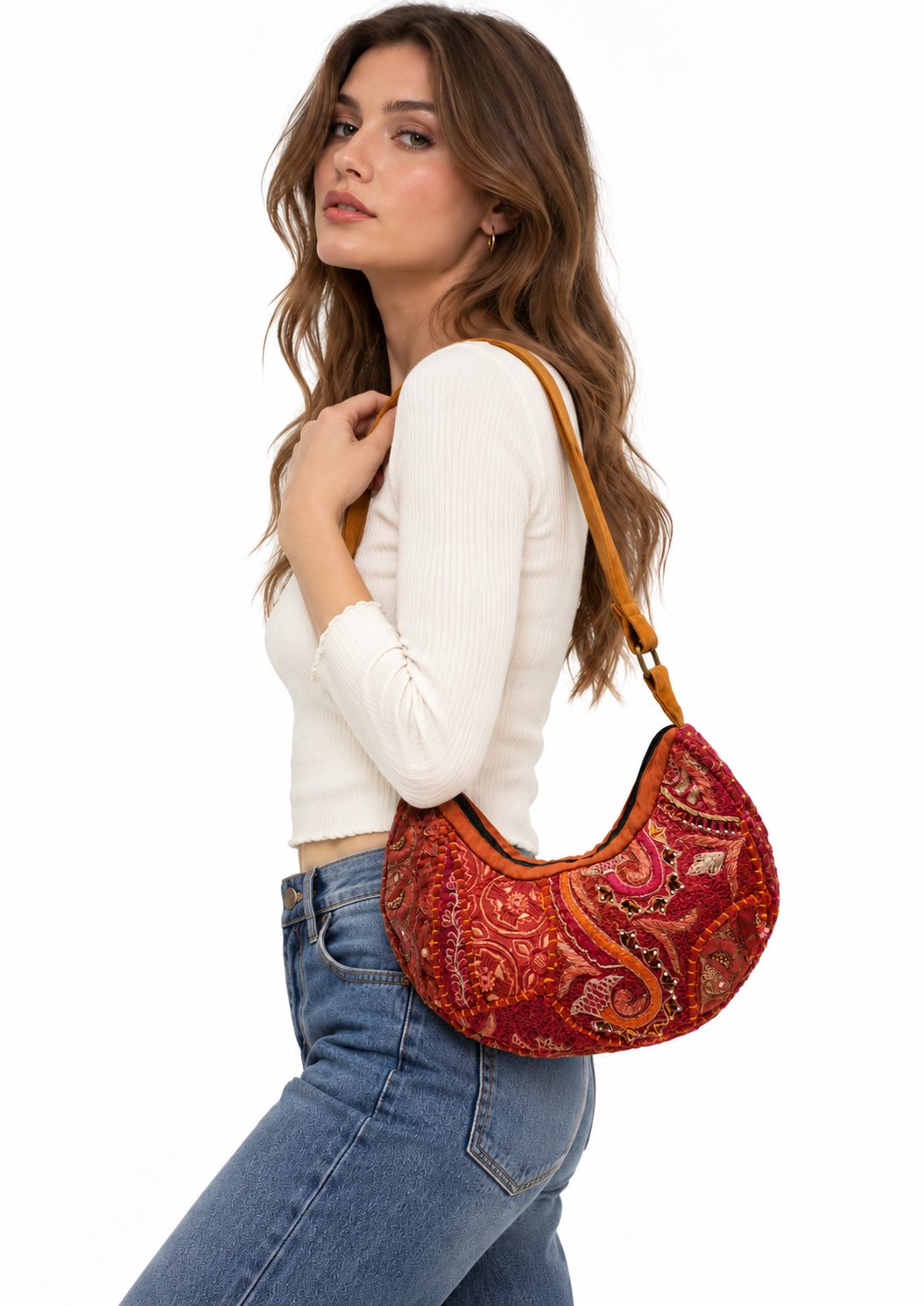 Handmade Burgundy Embroidered Hobo Bag | Vivienne
