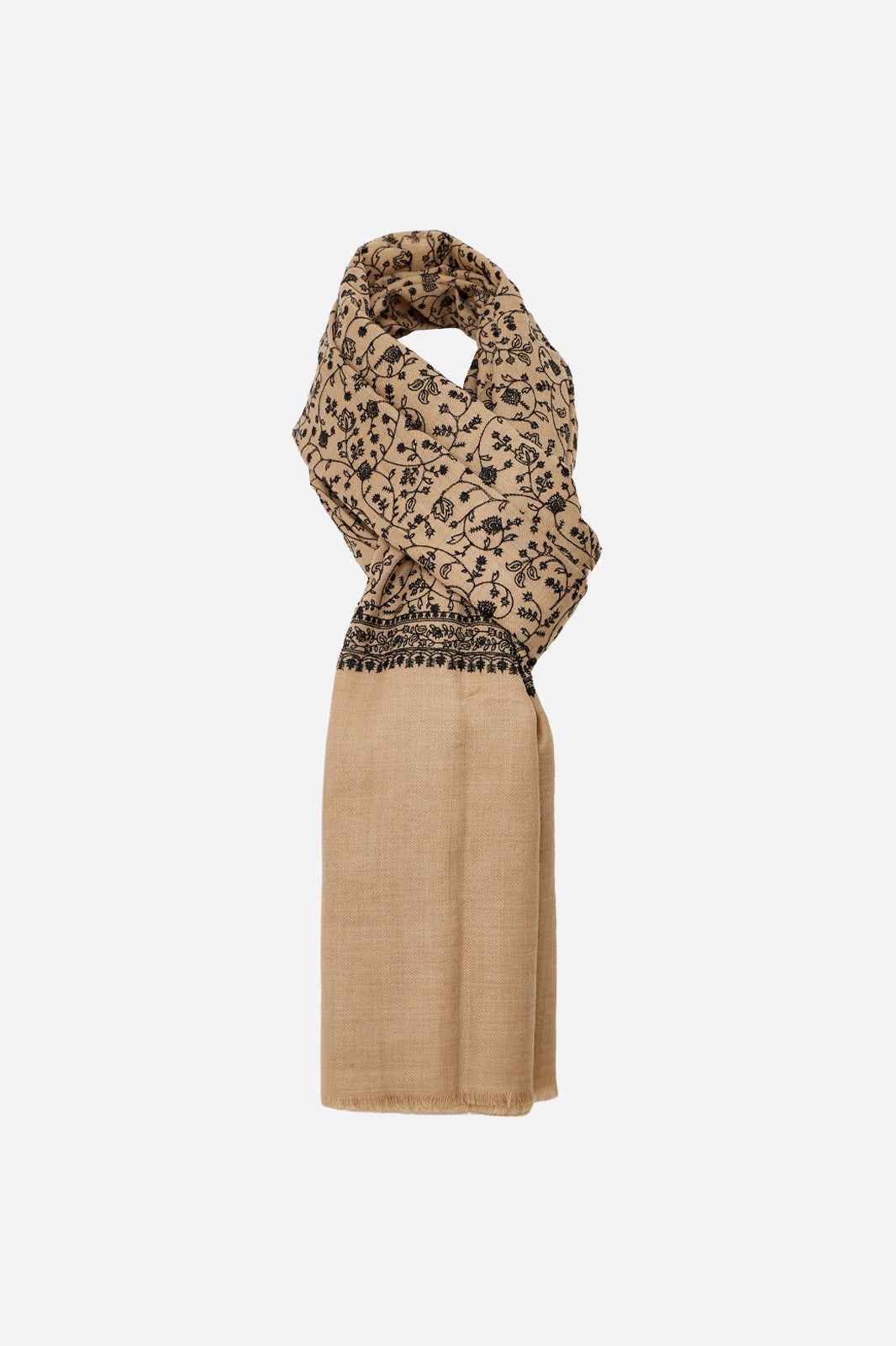 Light Beige Fine Wool Shawl with Floral Machine Embroidery & Traditional Border | Ianthe