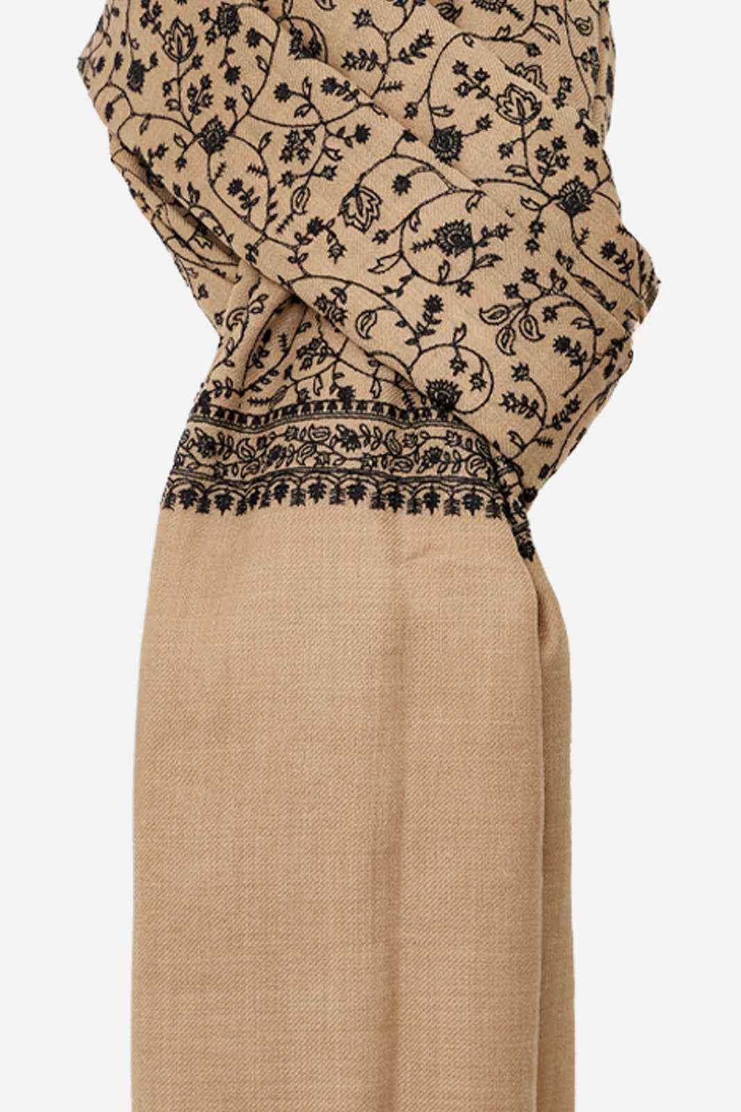 Light Beige Fine Wool Shawl with Floral Machine Embroidery & Traditional Border | Ianthe