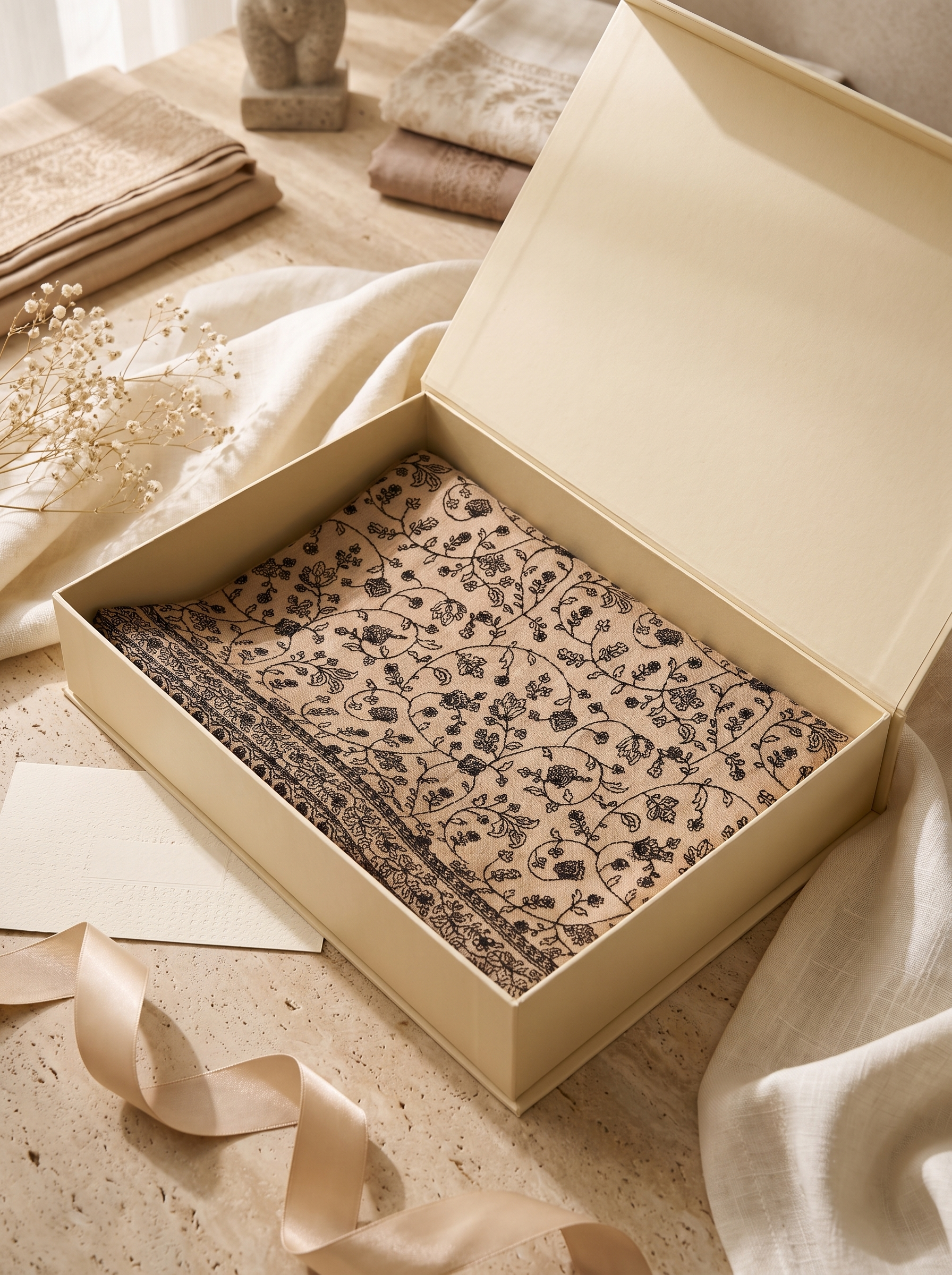 Light Beige Fine Wool Shawl with Floral Machine Embroidery & Traditional Border | Ianthe