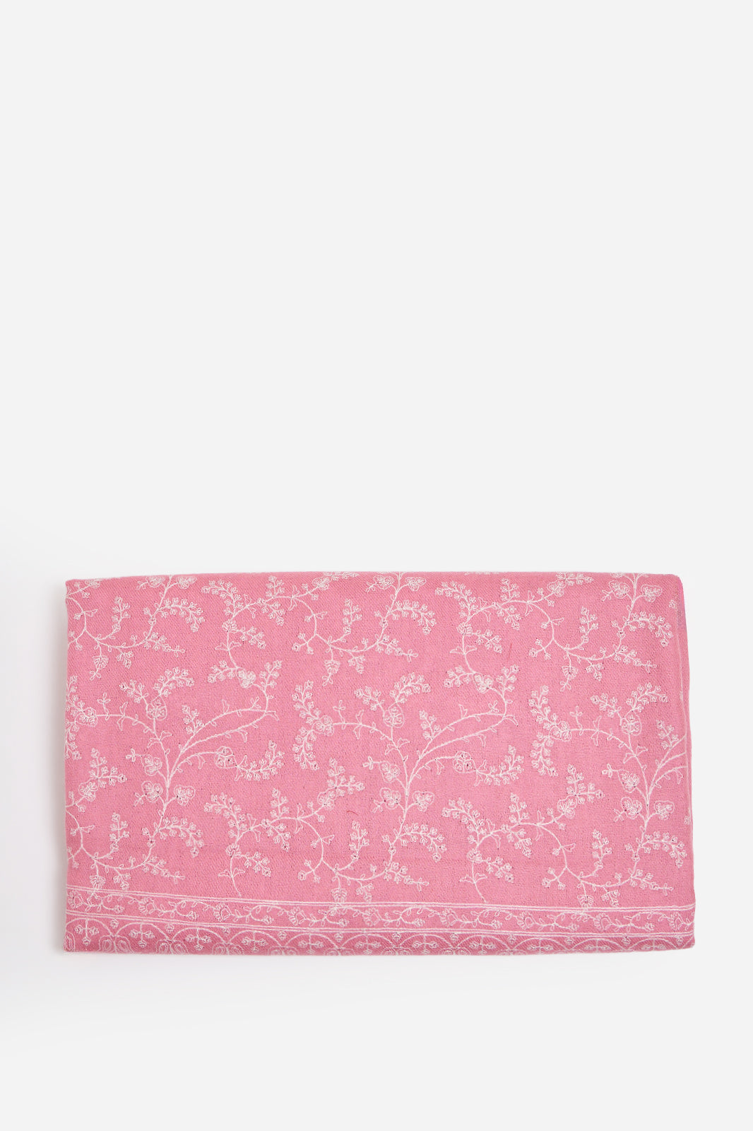 Pink Fine Wool Shawl with Floral Machine Embroidery & Traditional Border | Chryseis