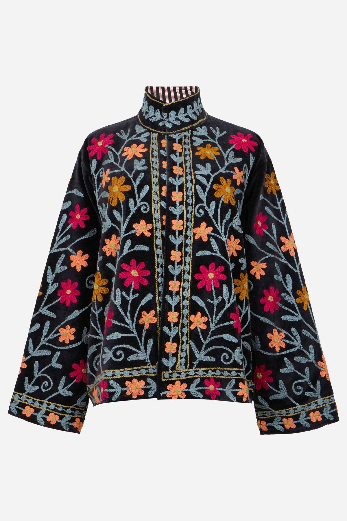 Velvet Jacket with Intricate Multicolour Floral Embroidery on Deep Base | Floréva