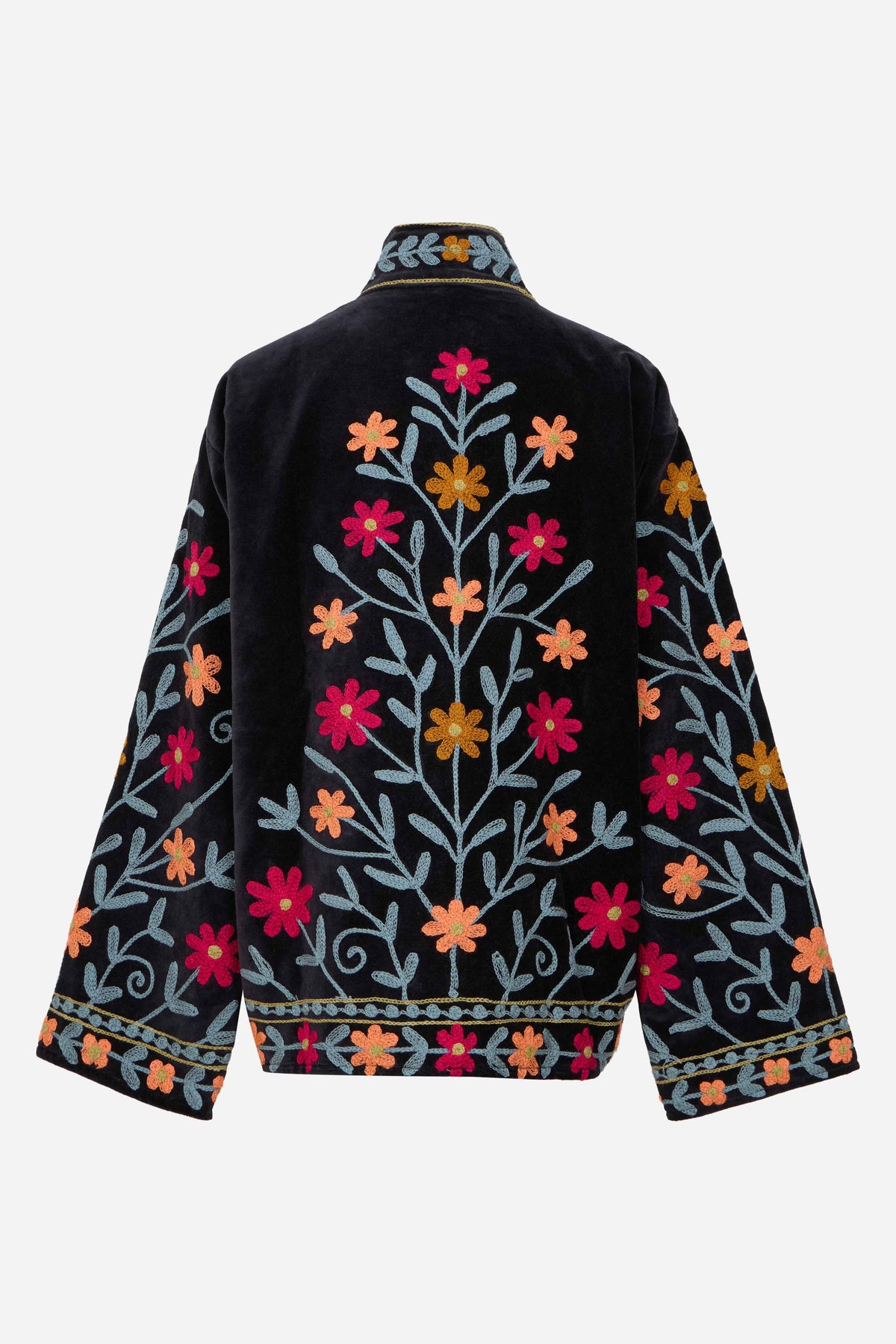 Velvet Jacket with Intricate Multicolour Floral Embroidery on Deep Base | Floréva