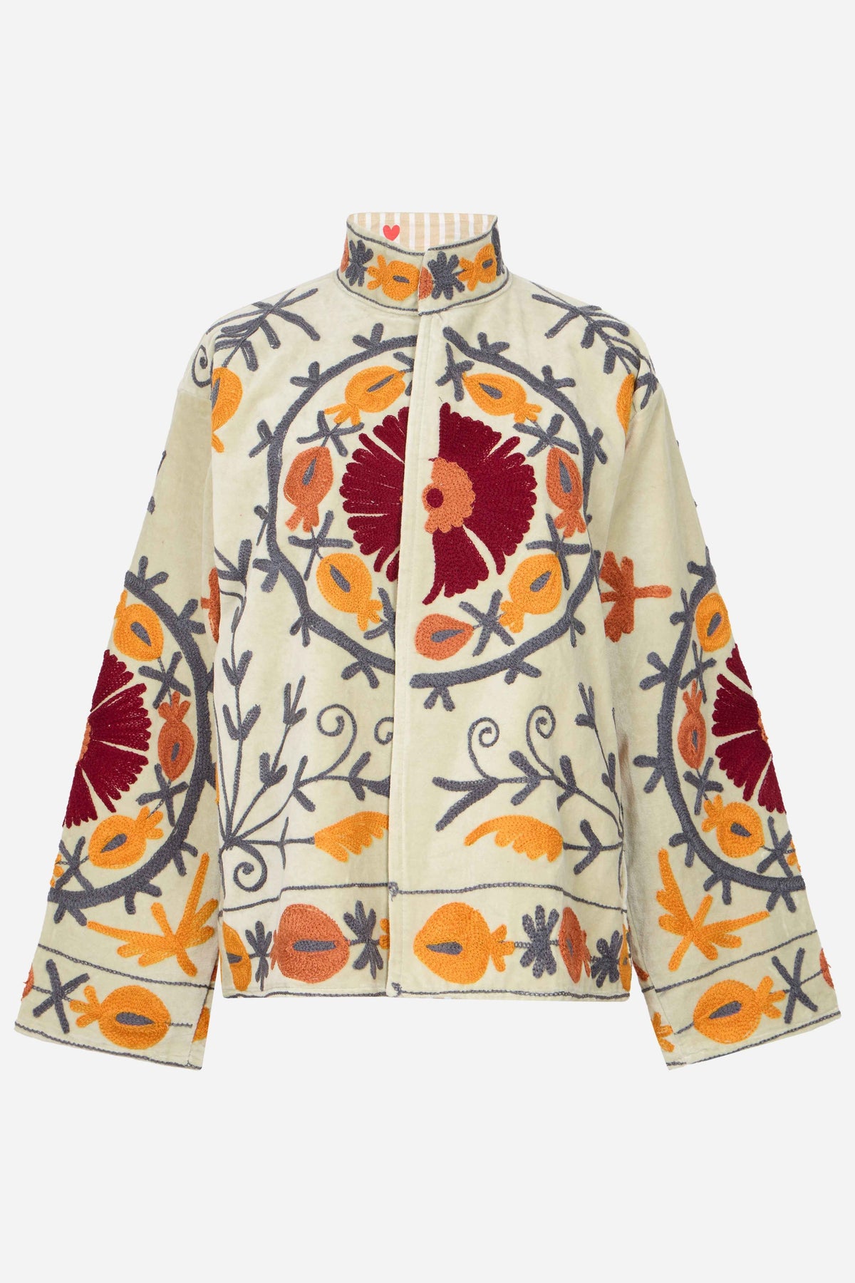 Velvet Jacket with Circular Floral Embroidery in Rust, Marigold & Crimson Tones | Zarelle
