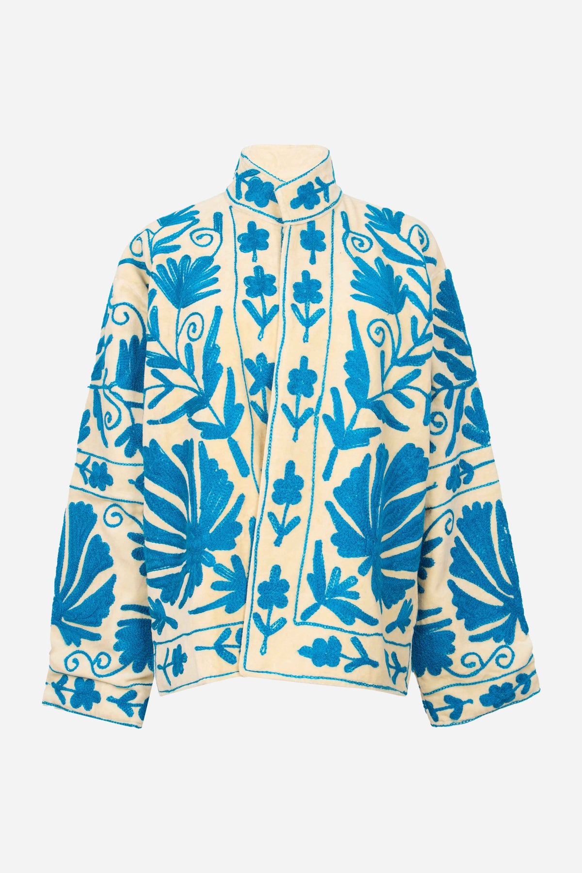 Velvet Jacket with Bold Turquoise Botanical Hand Embroidery on Ivory Base | Azulyn