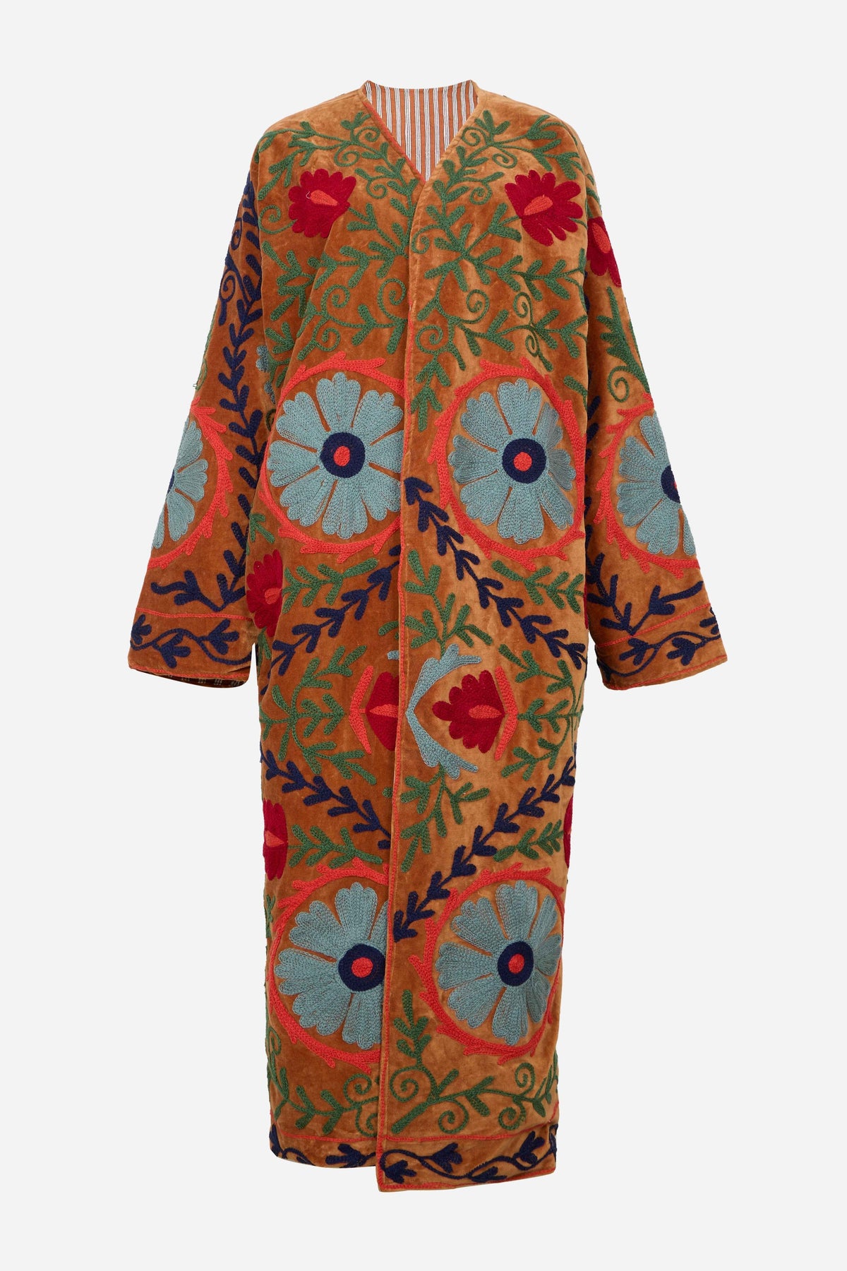 Reversible Velvet Long Kimono with Circular Floral Embroidery in Golden Statement Design | Mirazol