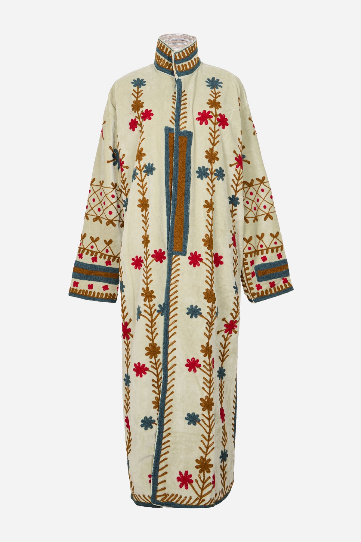 Reversible Velvet Long Jacket with Delicate Floral Embroidery on Ivory Base | Fiorella