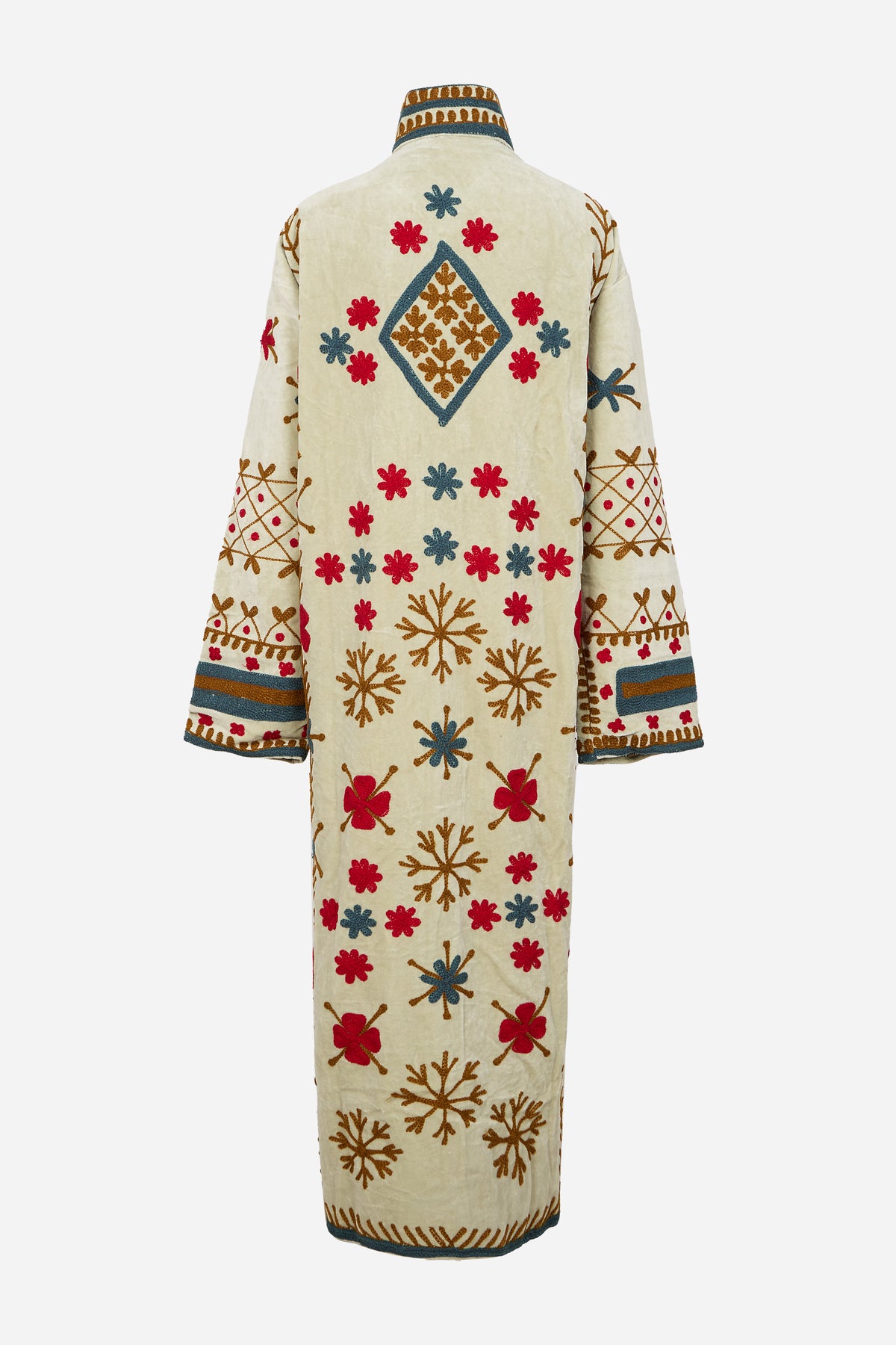 Reversible Velvet Long Jacket with Delicate Floral Embroidery on Ivory Base | Fiorella