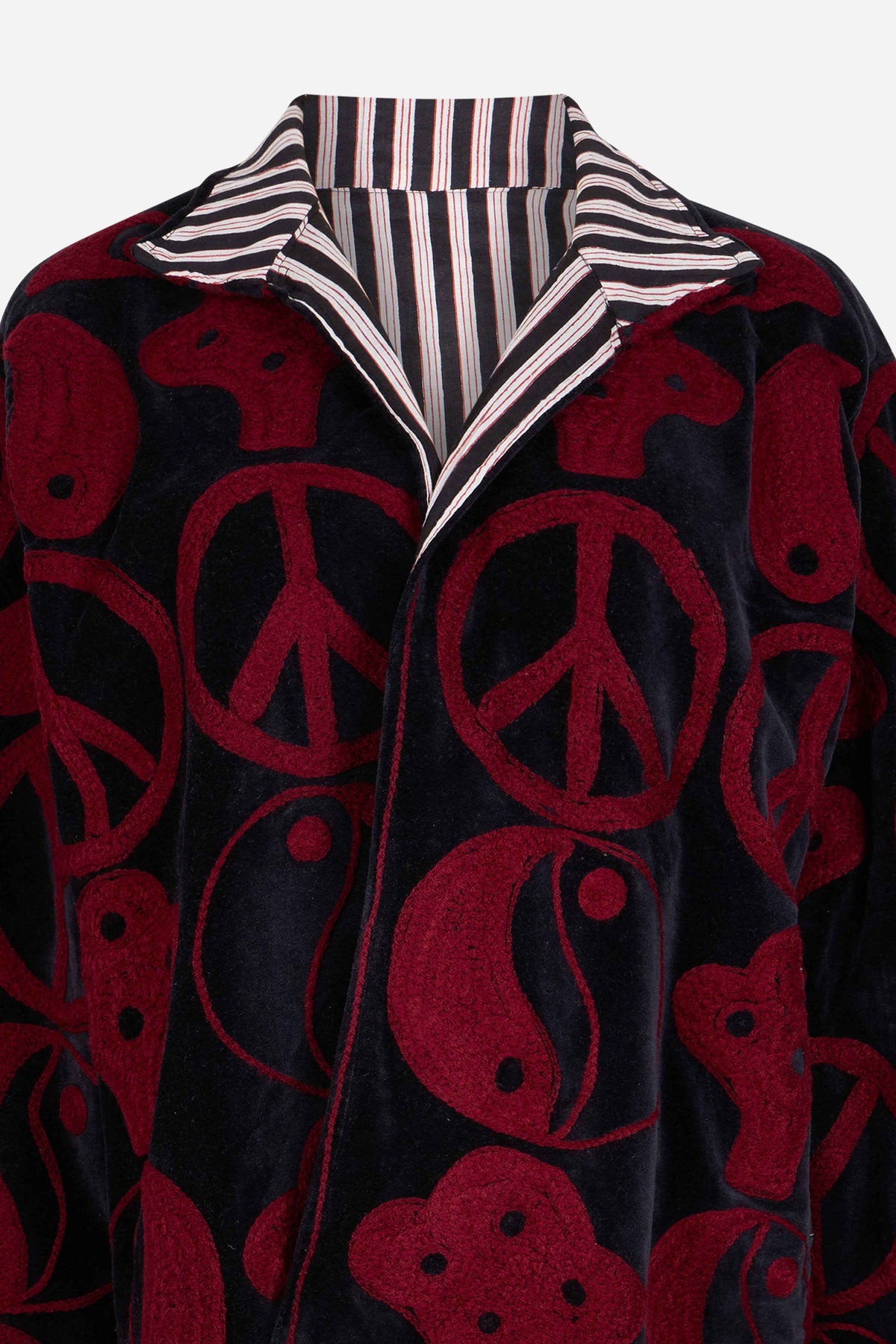 Reversible Velvet Jacket with Bold Red Hand Embroidery & Striped Cotton Lining | Raoq