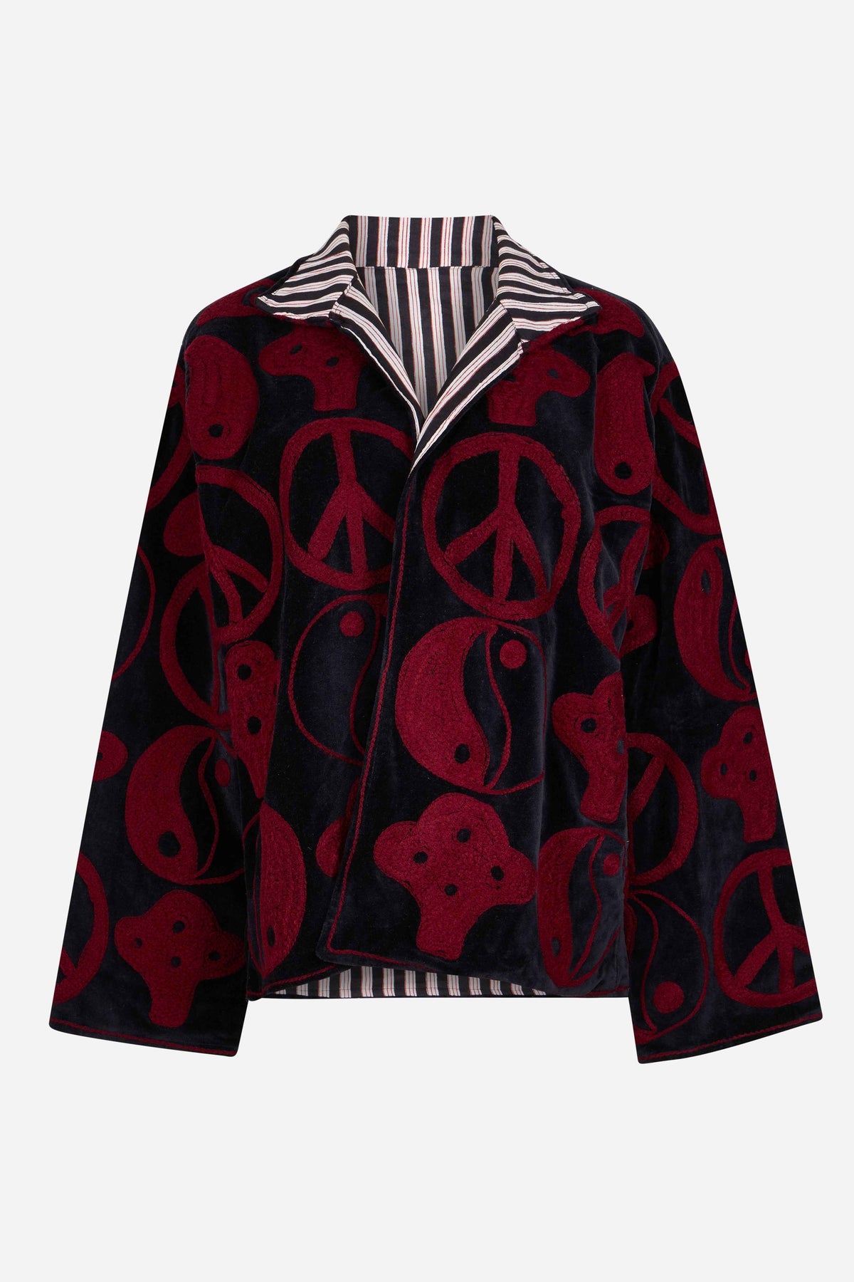 Reversible Velvet Jacket with Bold Red Hand Embroidery & Striped Cotton Lining | Raoq