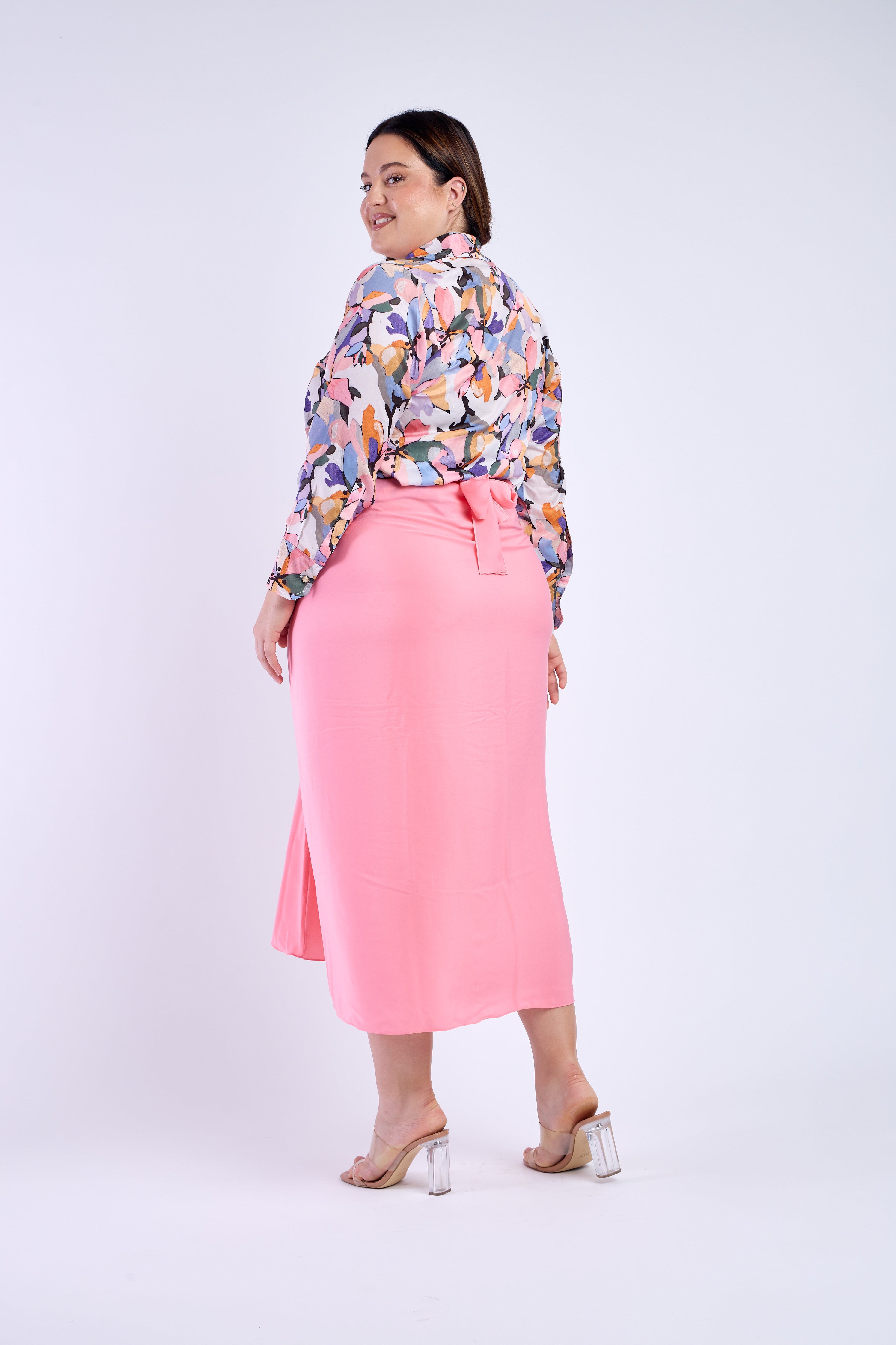 Floral Shirt with Pink Sarong Skirt