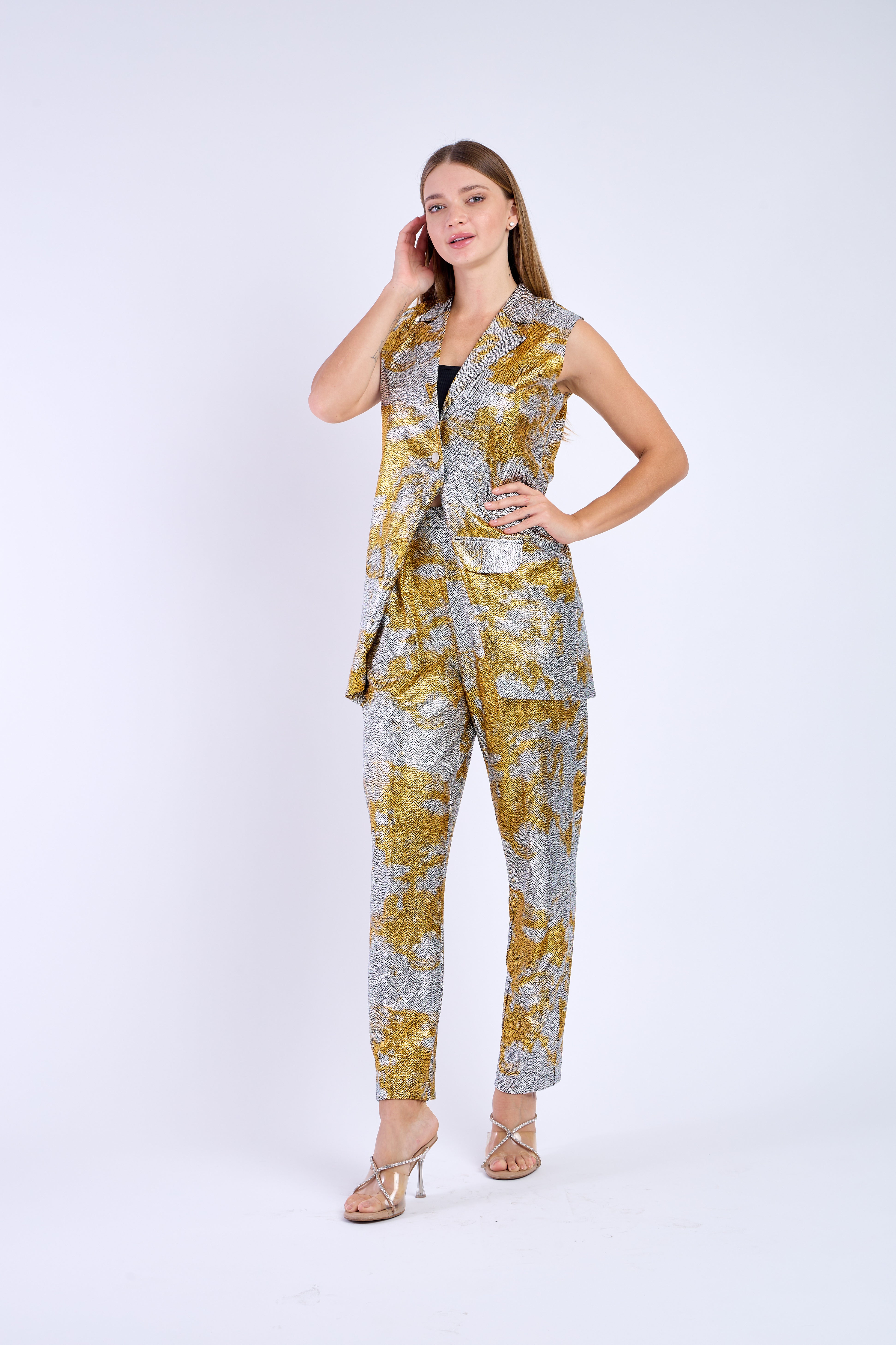 Grey Golden Elegant Blazer Set with Pants