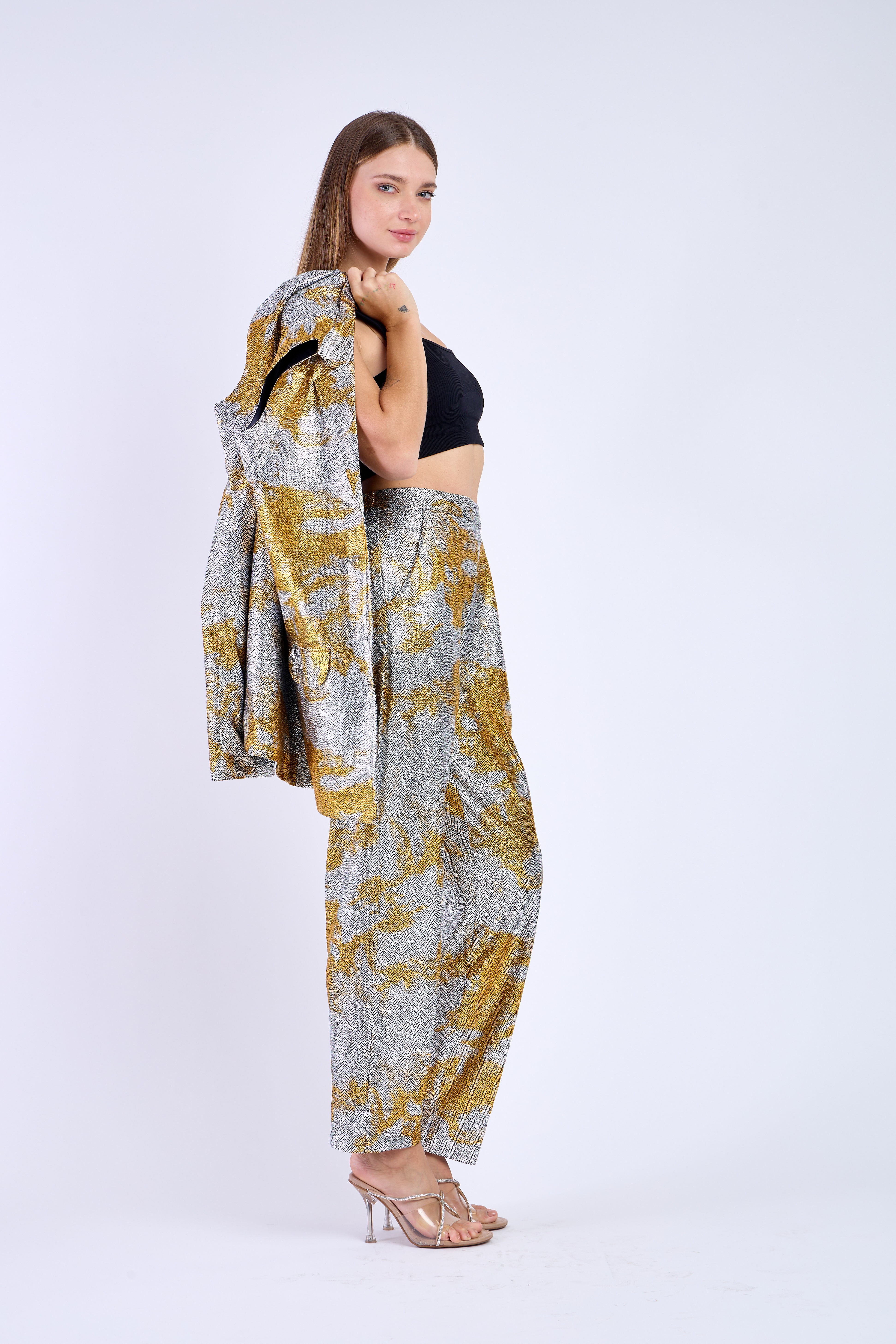 Grey Golden Elegant Blazer Set with Pants