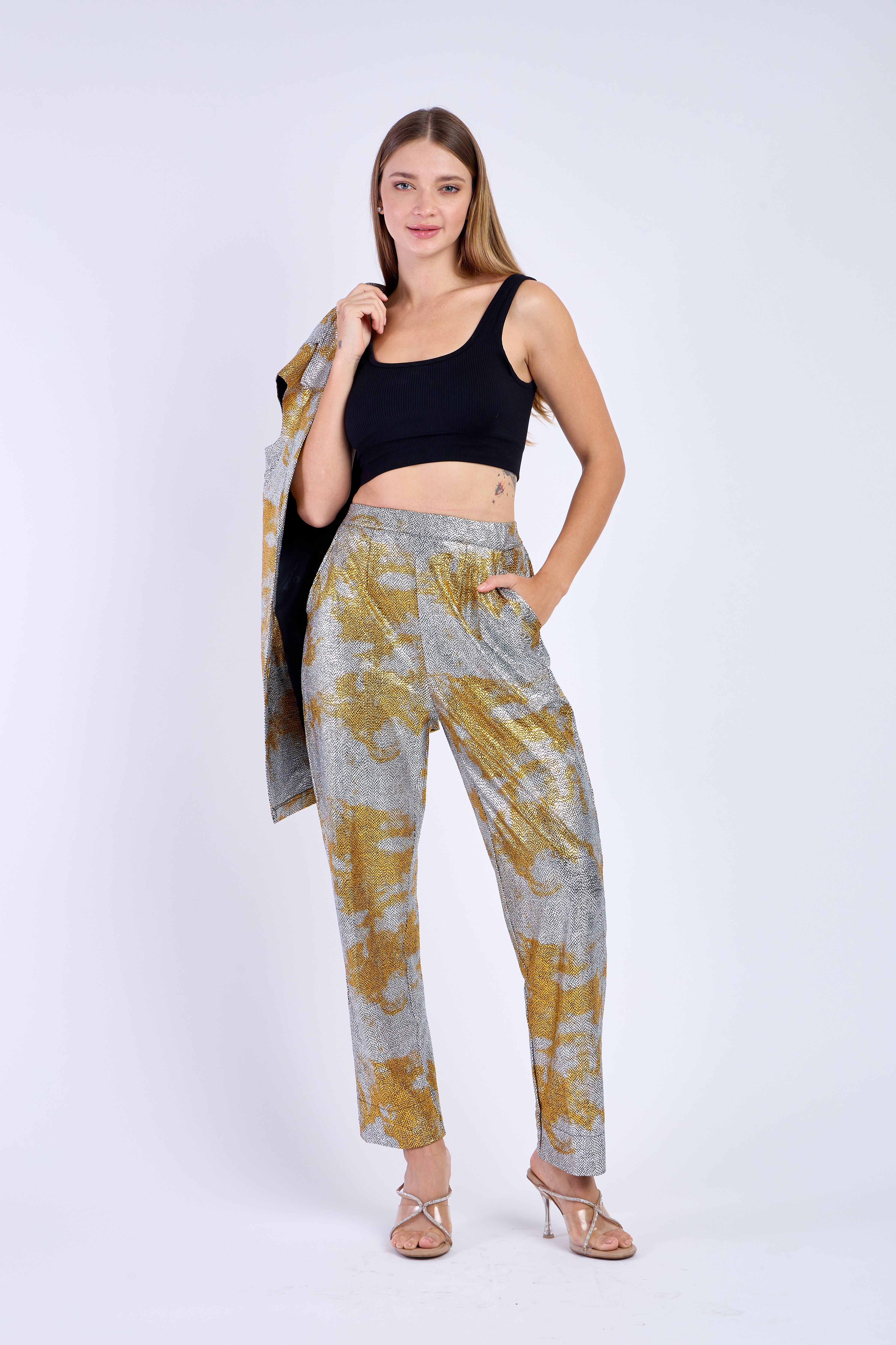 Grey Golden Elegant Blazer Set with Pants