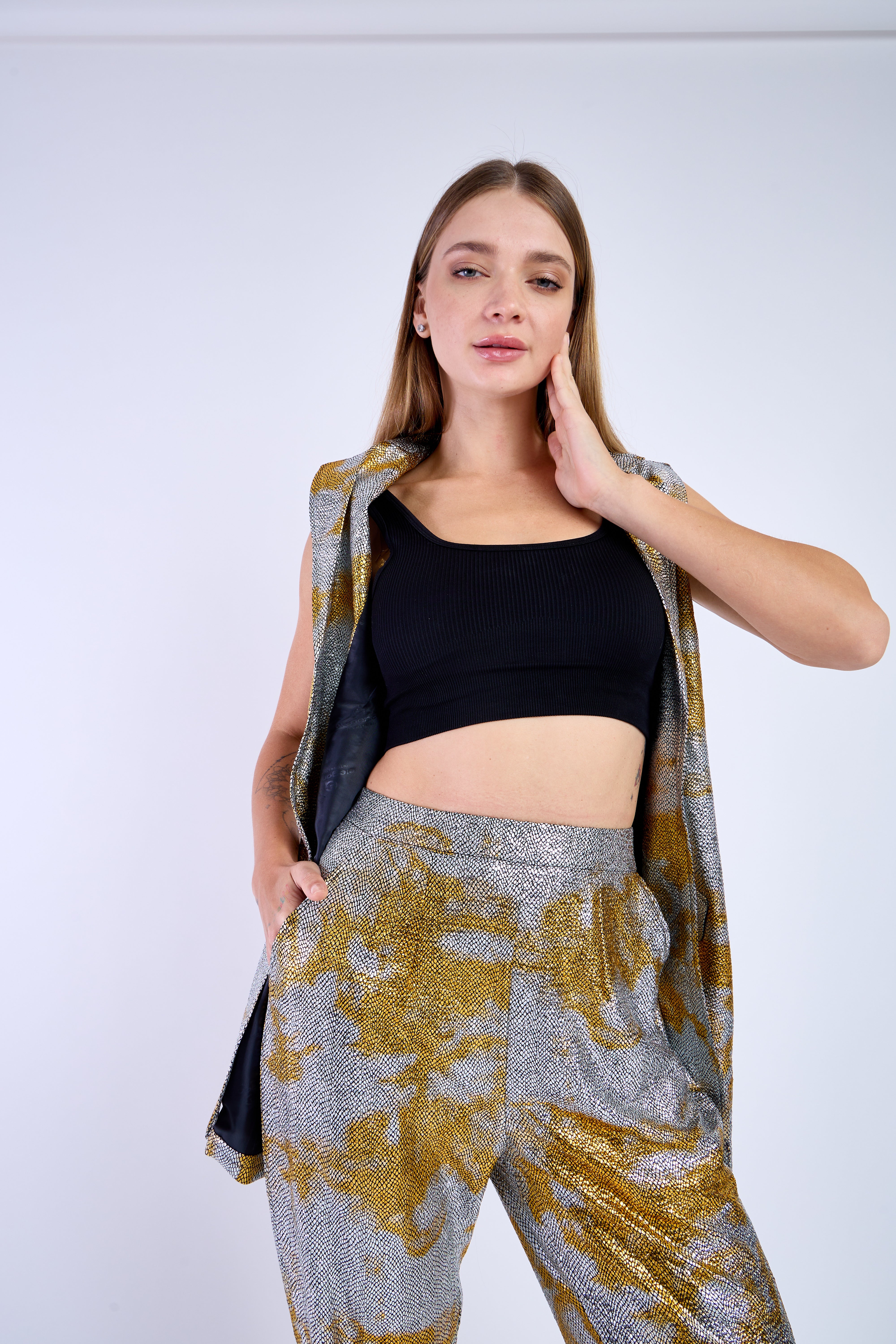 Grey Golden Elegant Blazer Set with Pants