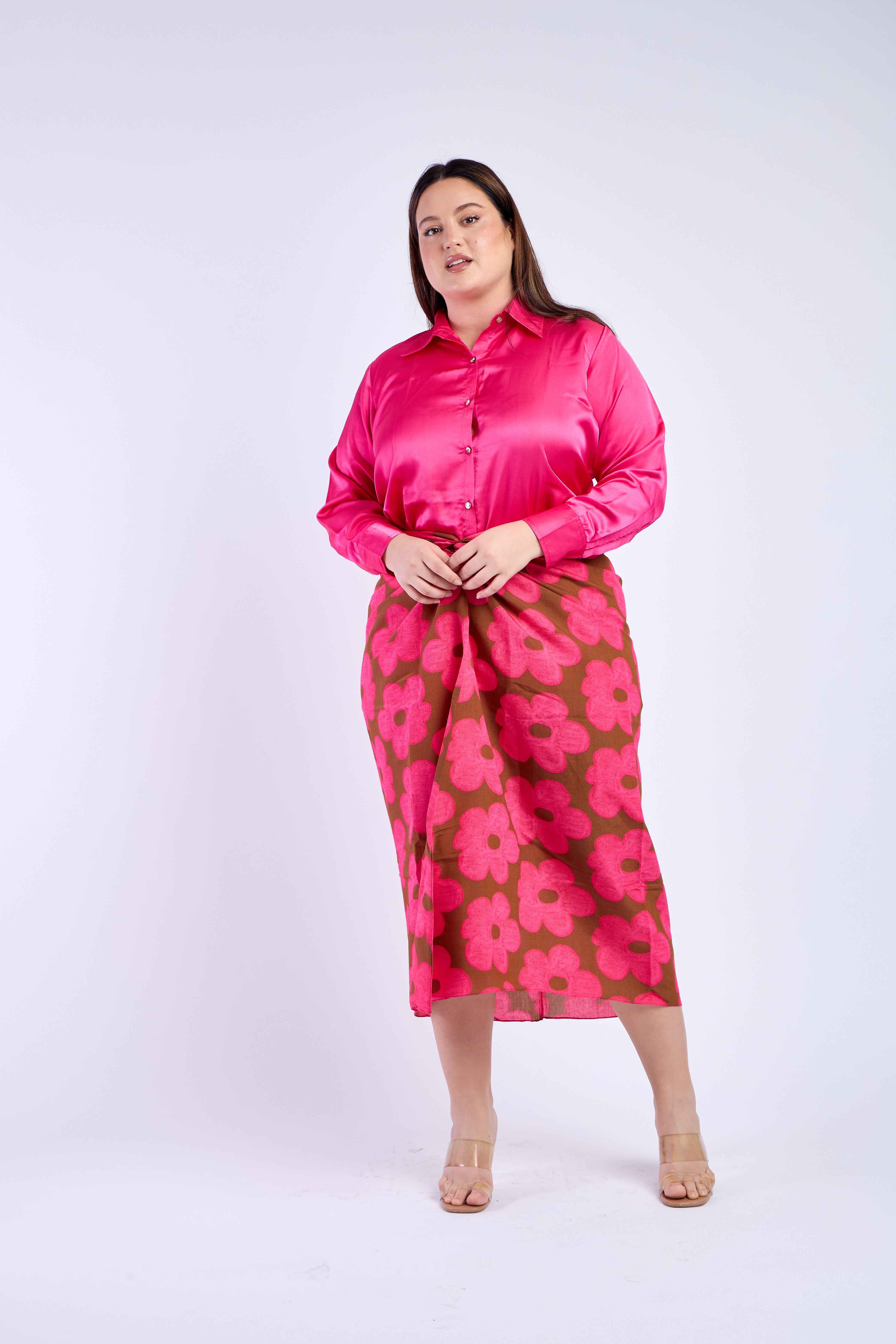 Dark Pink Shirt with Floral Skirt