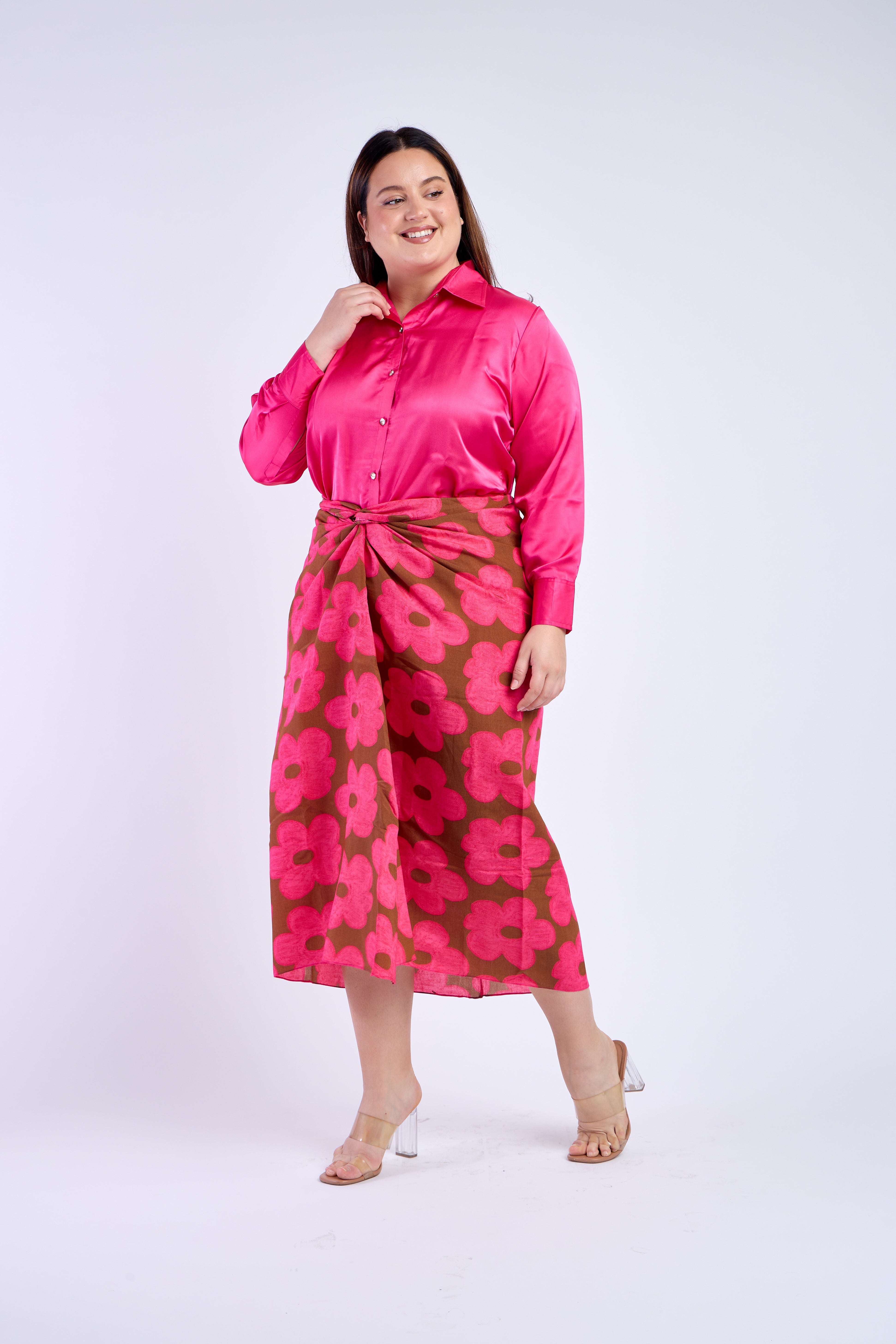 Dark Pink Shirt with Floral Skirt