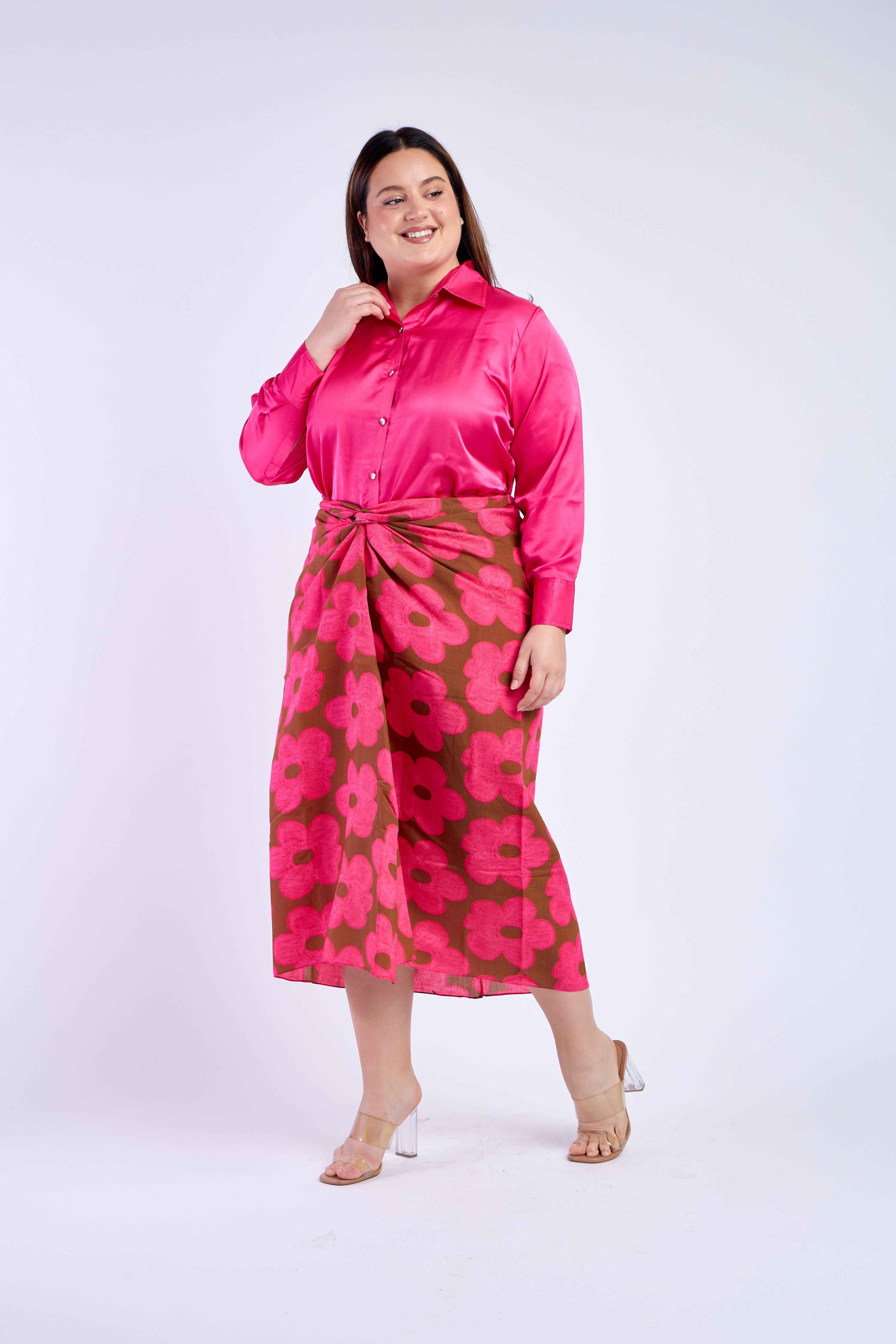Dark Pink Shirt with Floral Skirt