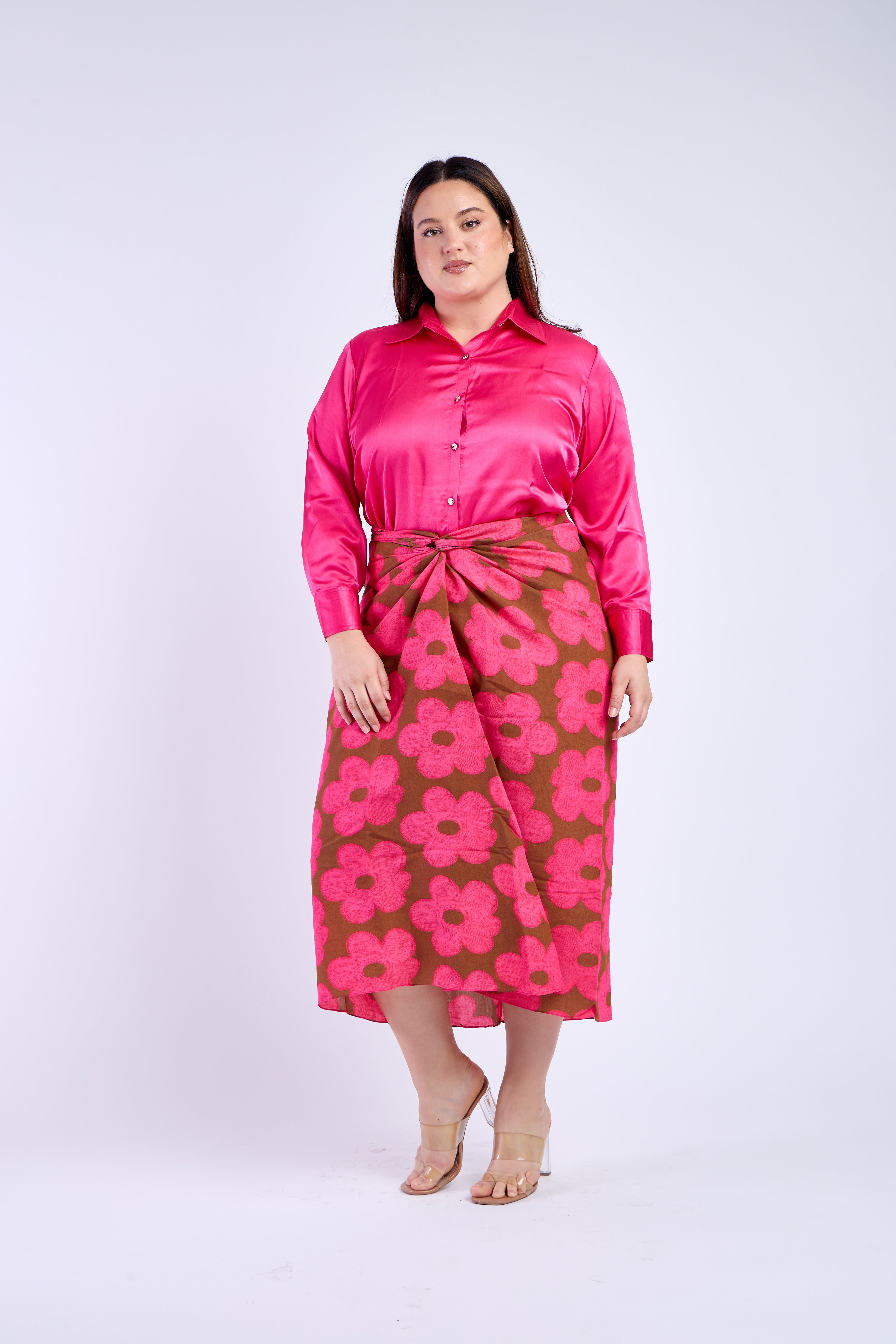 Dark Pink Shirt with Floral Skirt