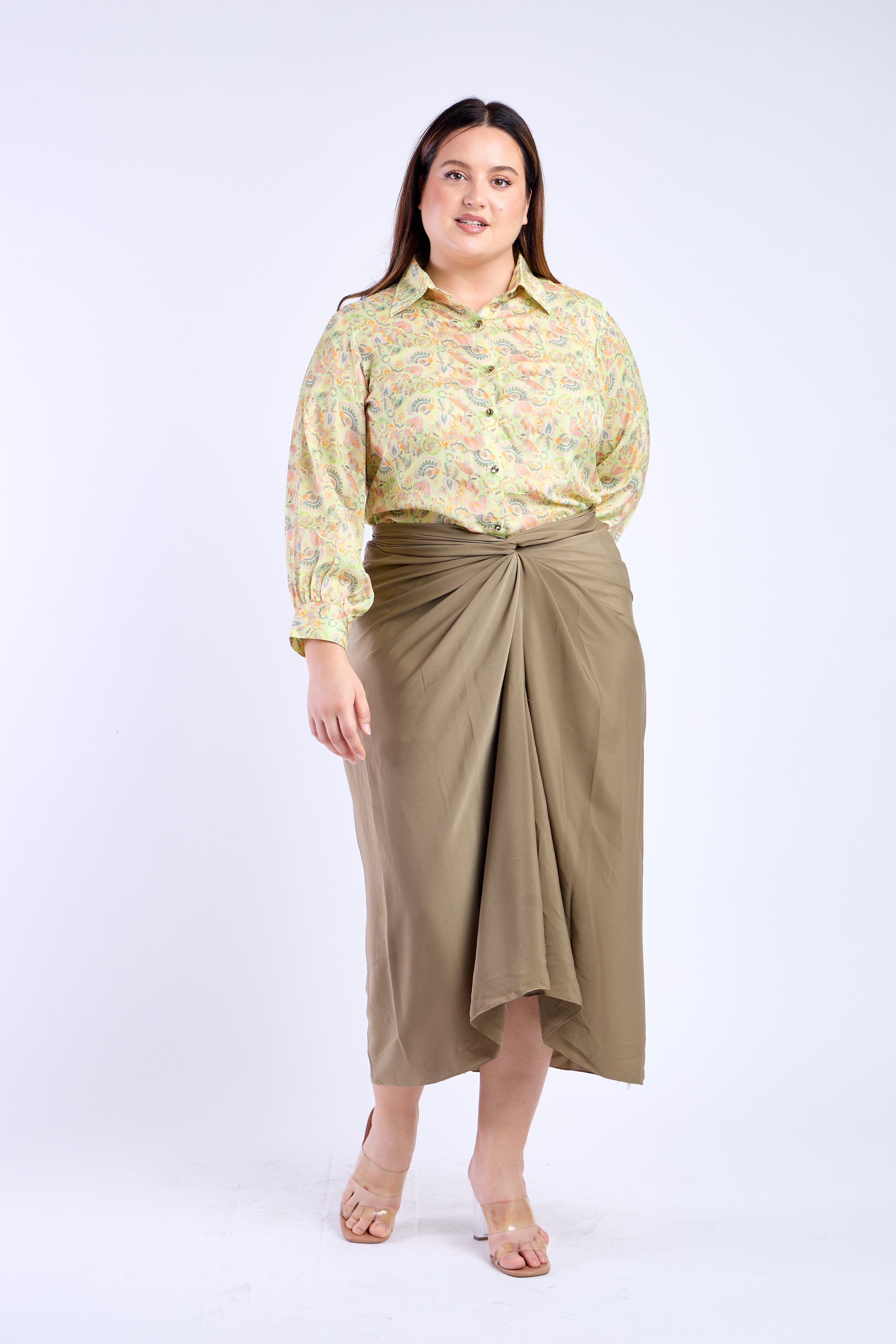 Floral Shirt with Olive Green Skirt