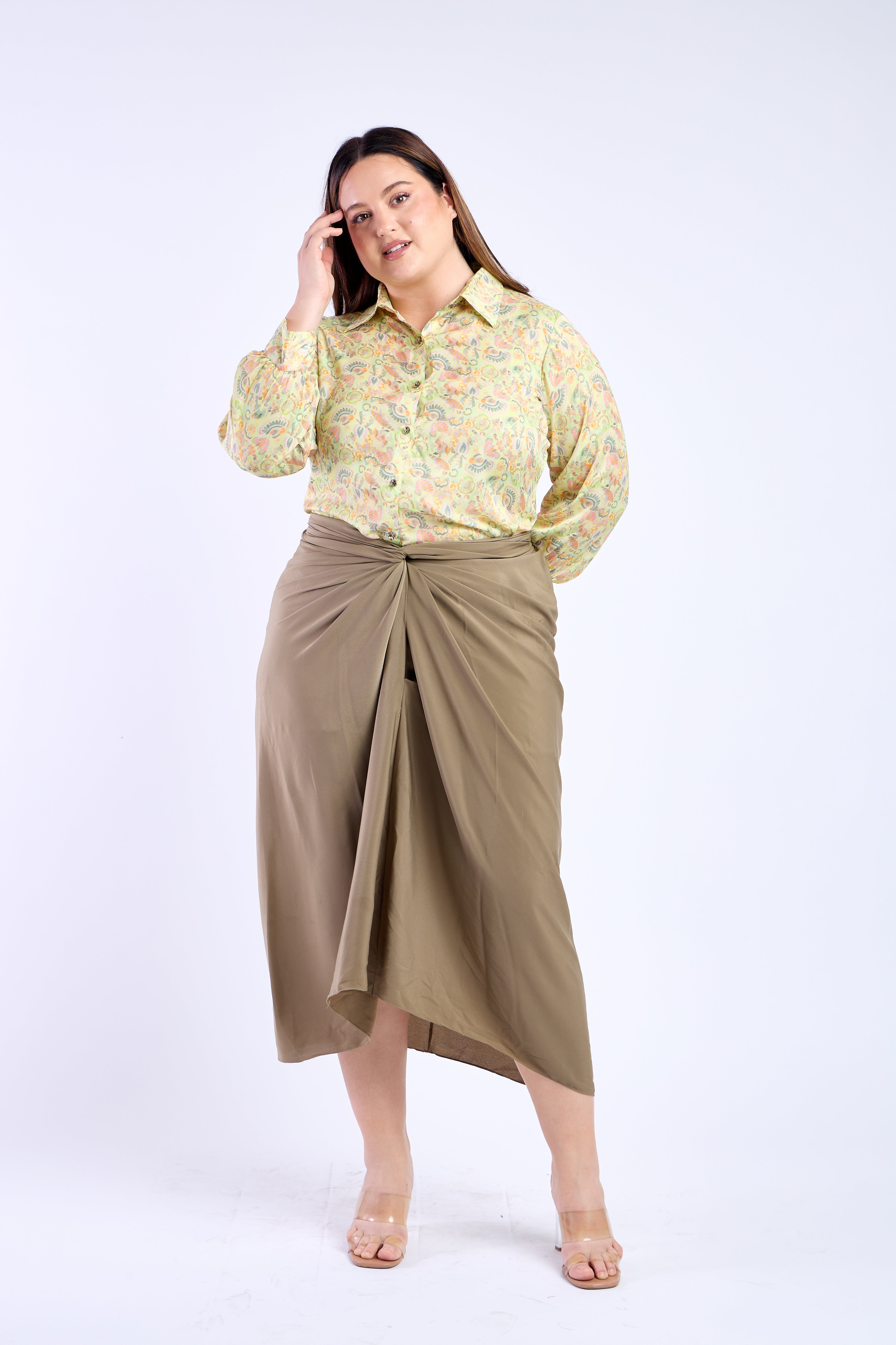 Floral Shirt with Olive Green Skirt