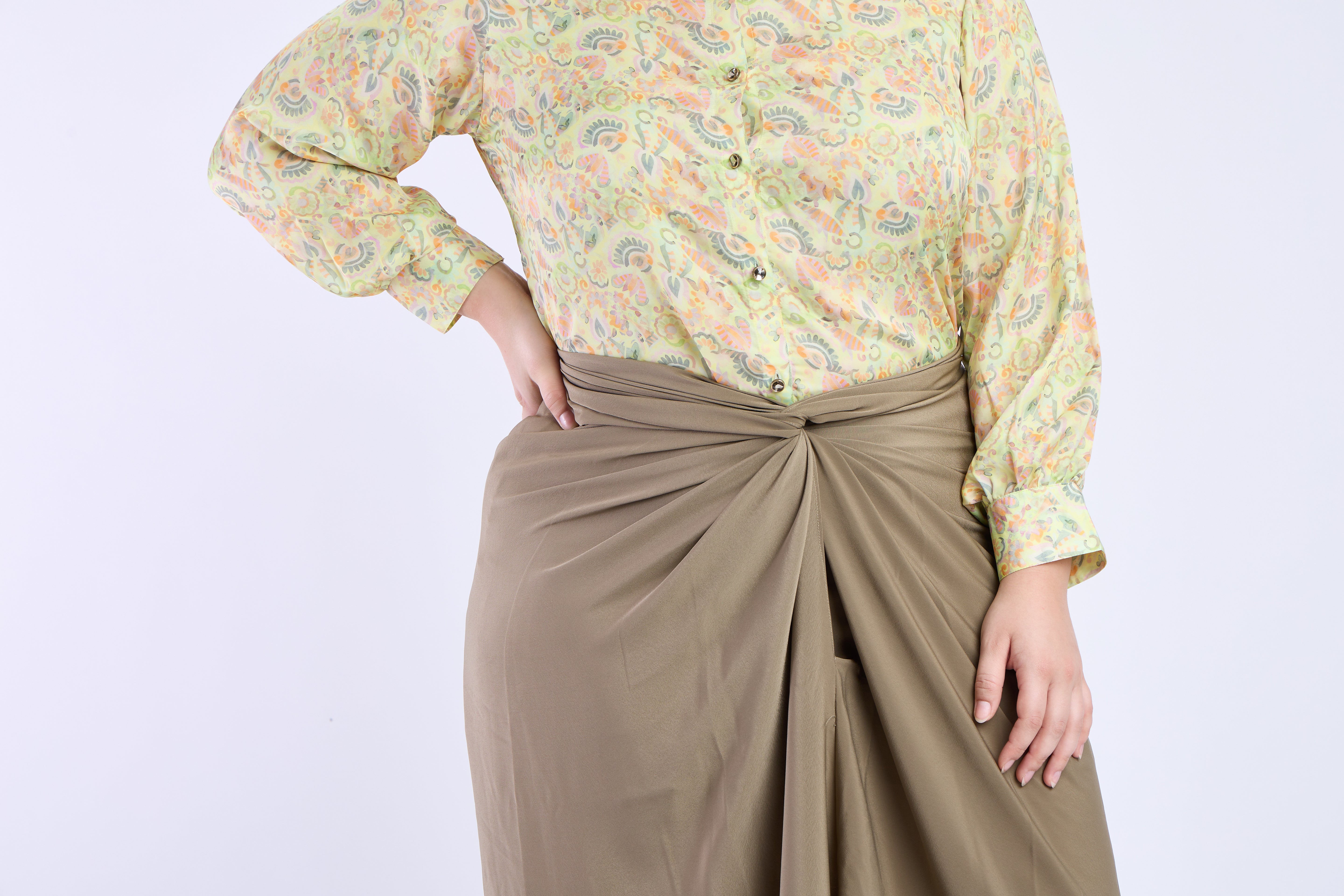 Floral Shirt with Olive Green Skirt
