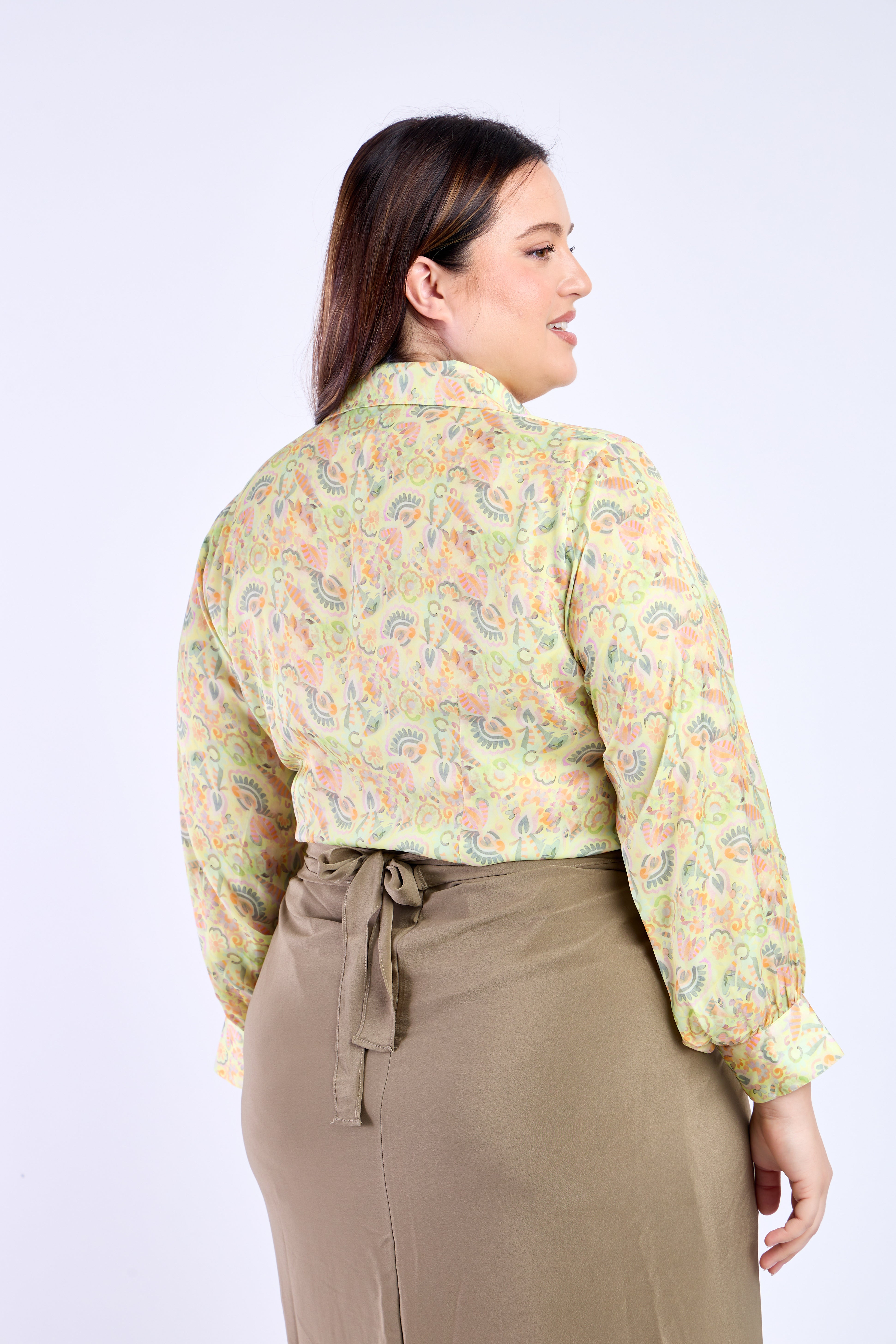 Floral Shirt with Olive Green Skirt