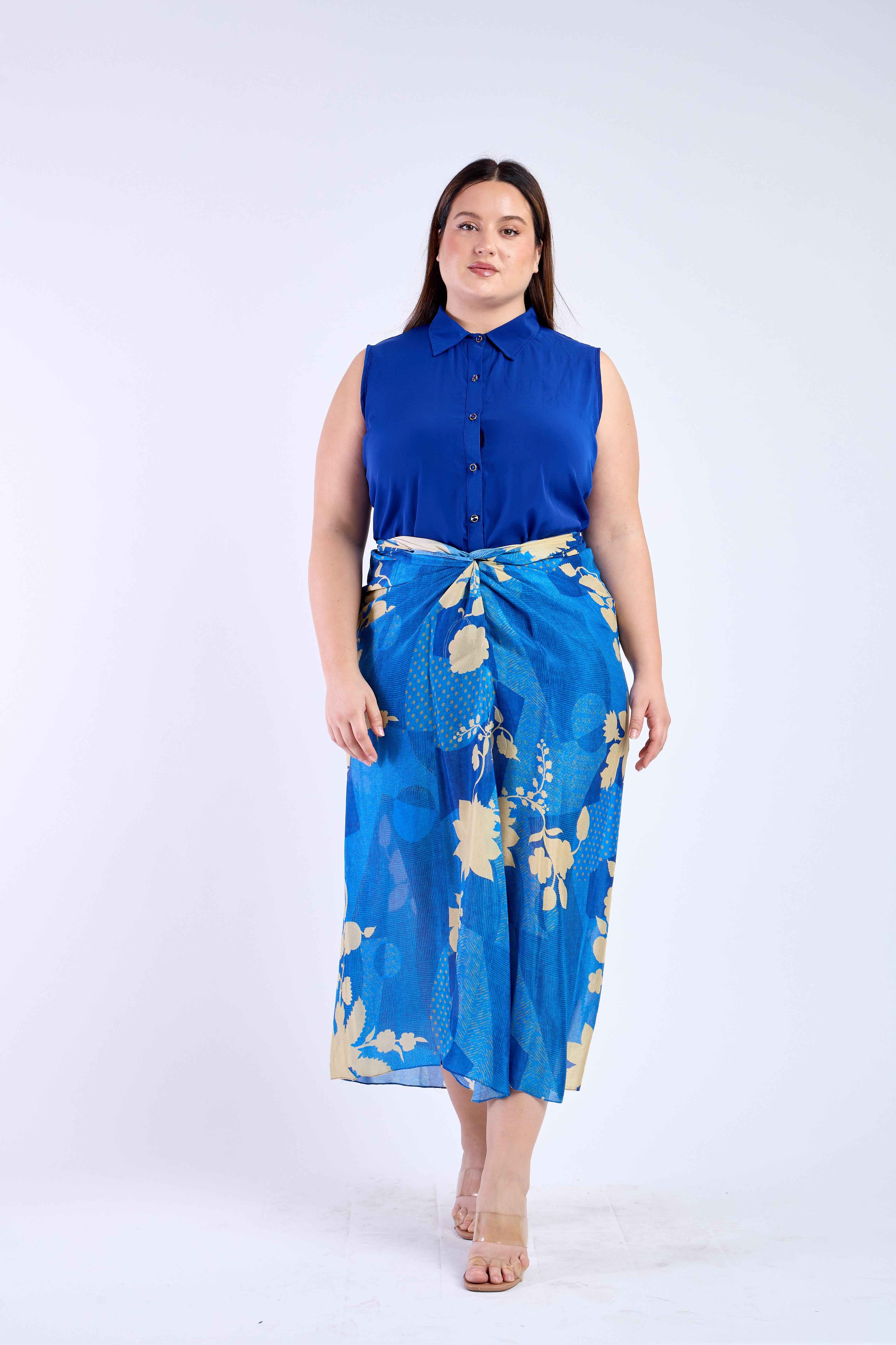 Blue Shirt with Floral Blue Skirt