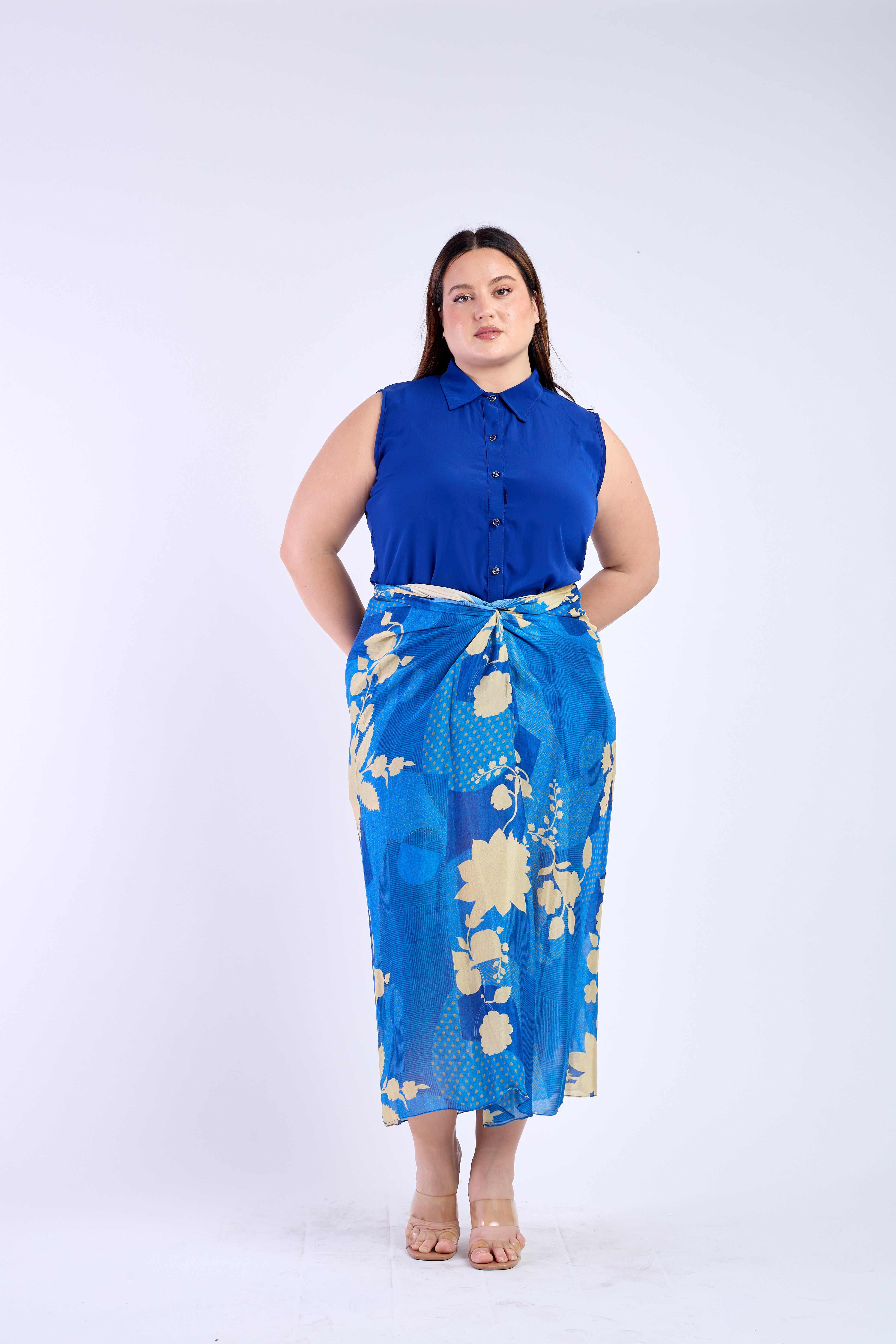 Blue Shirt with Floral Blue Skirt