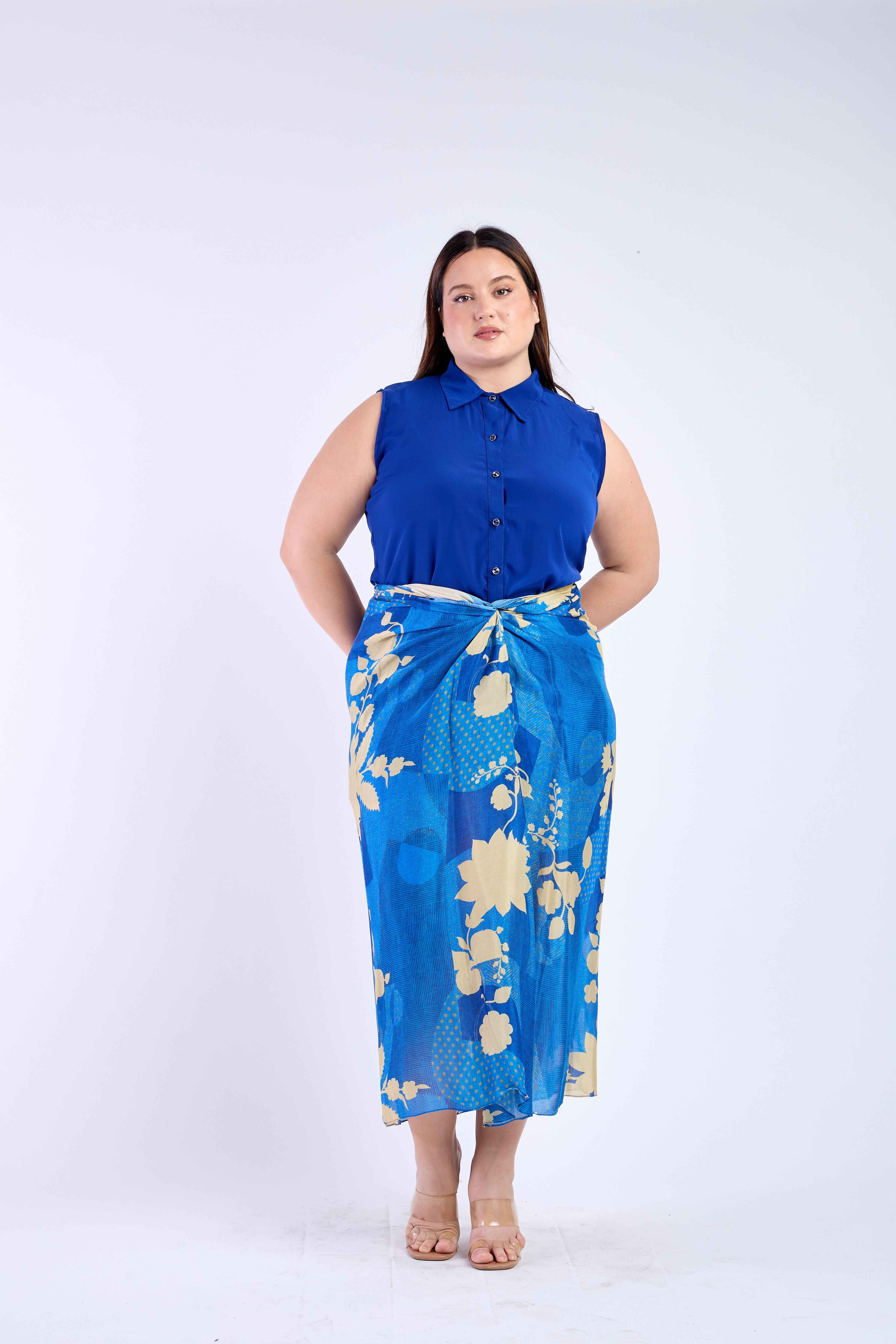 Blue Shirt with Floral Blue Skirt
