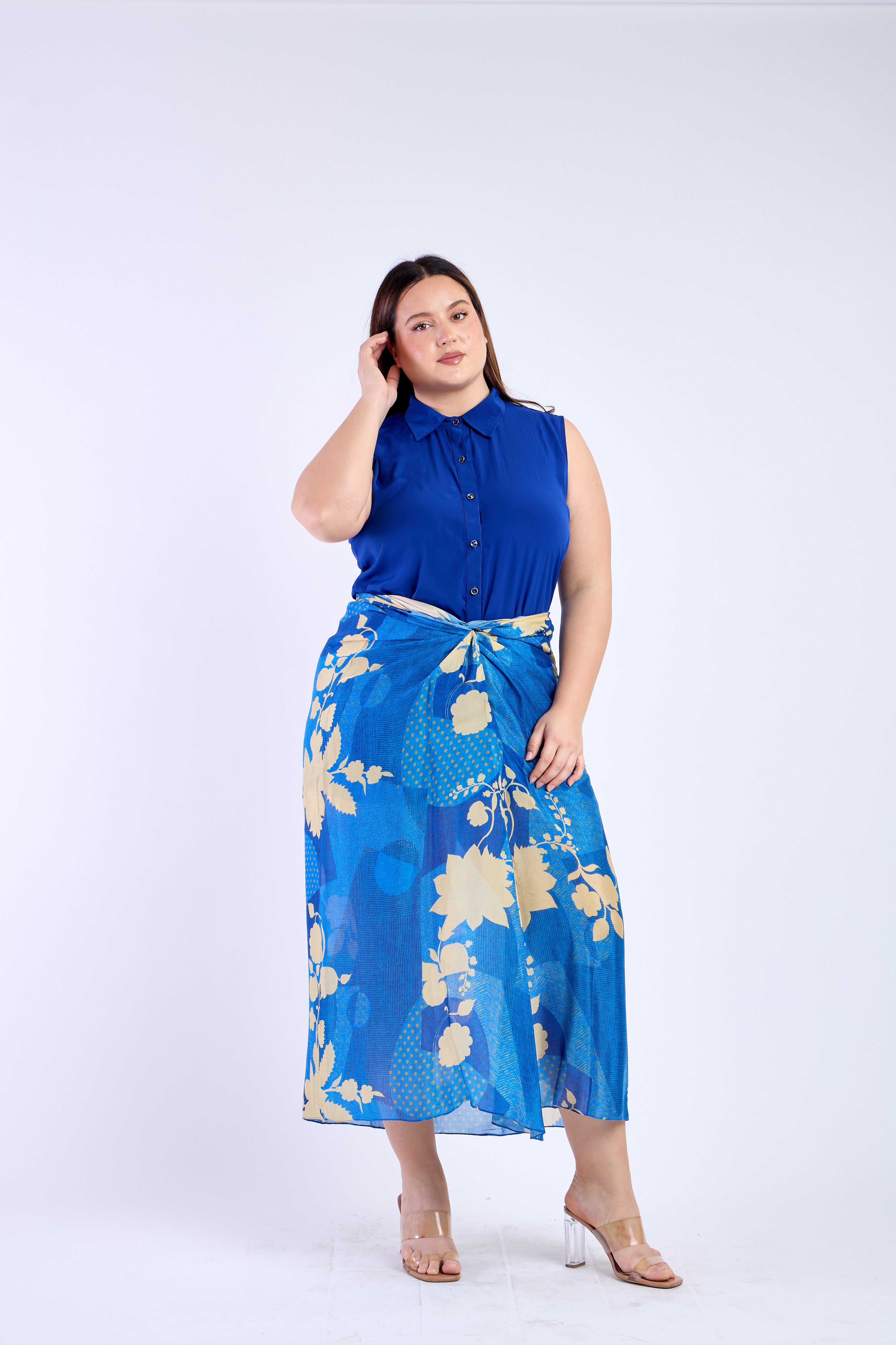 Blue Shirt with Floral Blue Skirt