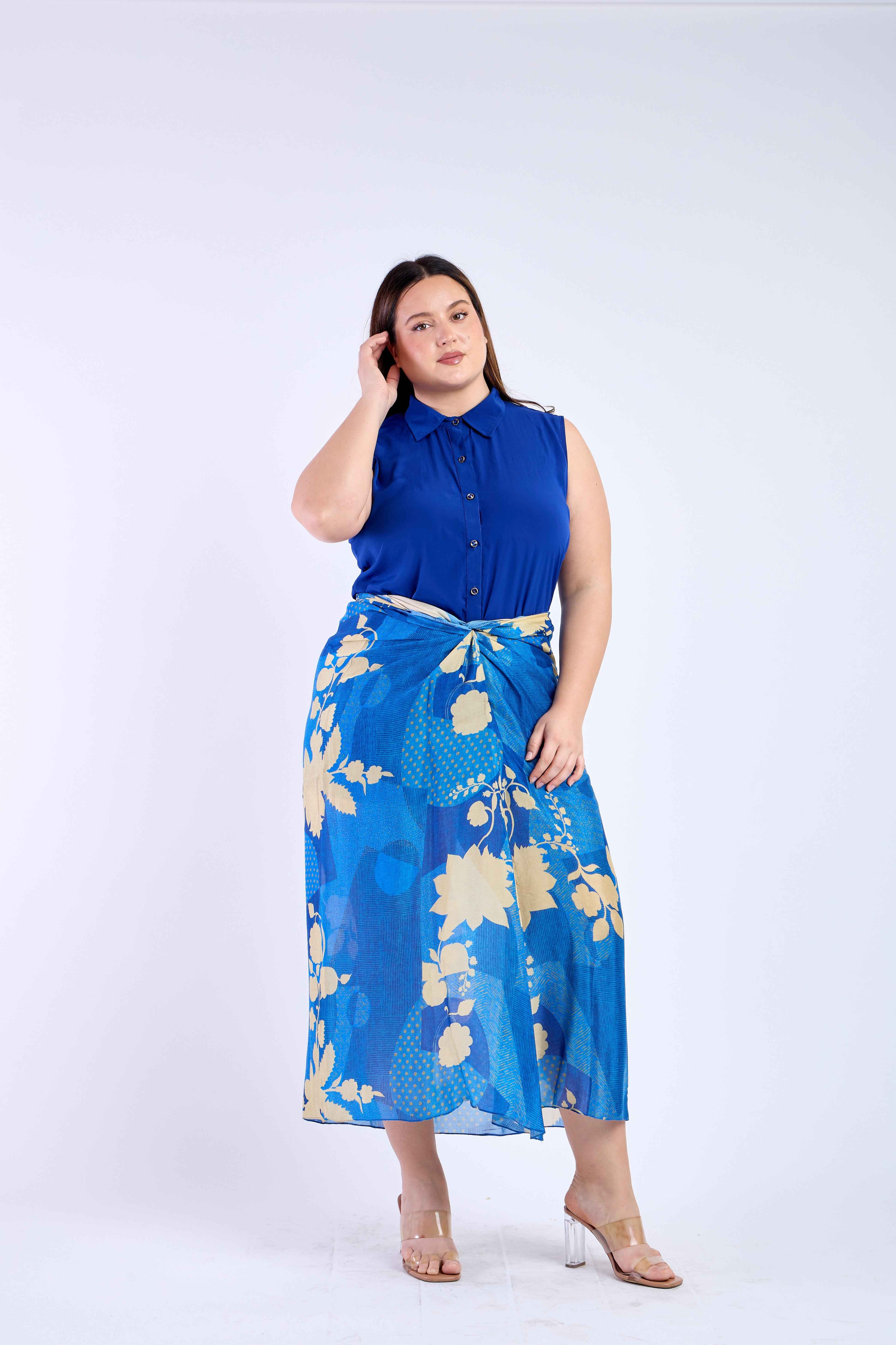 Blue Shirt with Floral Blue Skirt