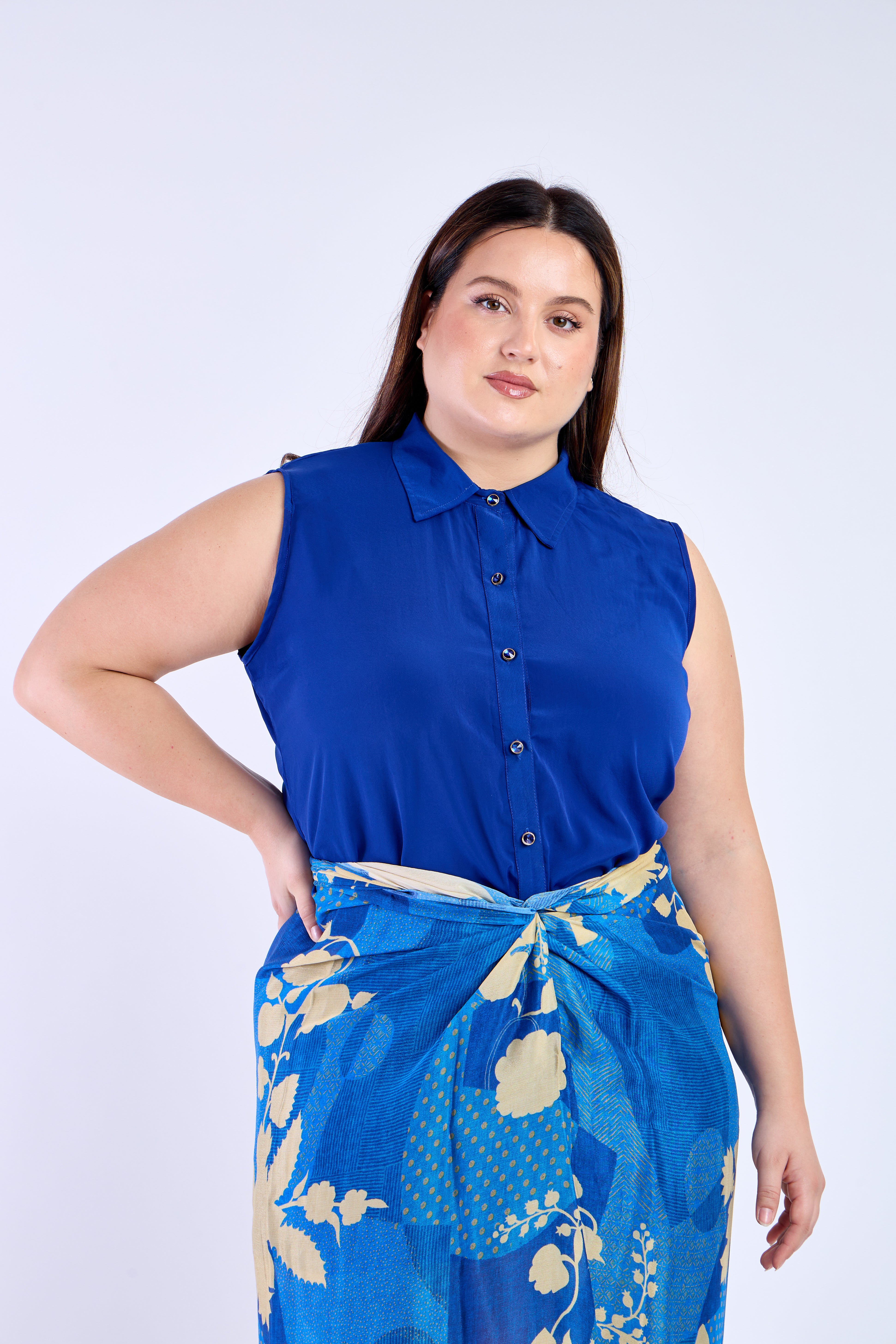 Blue Shirt with Floral Blue Skirt
