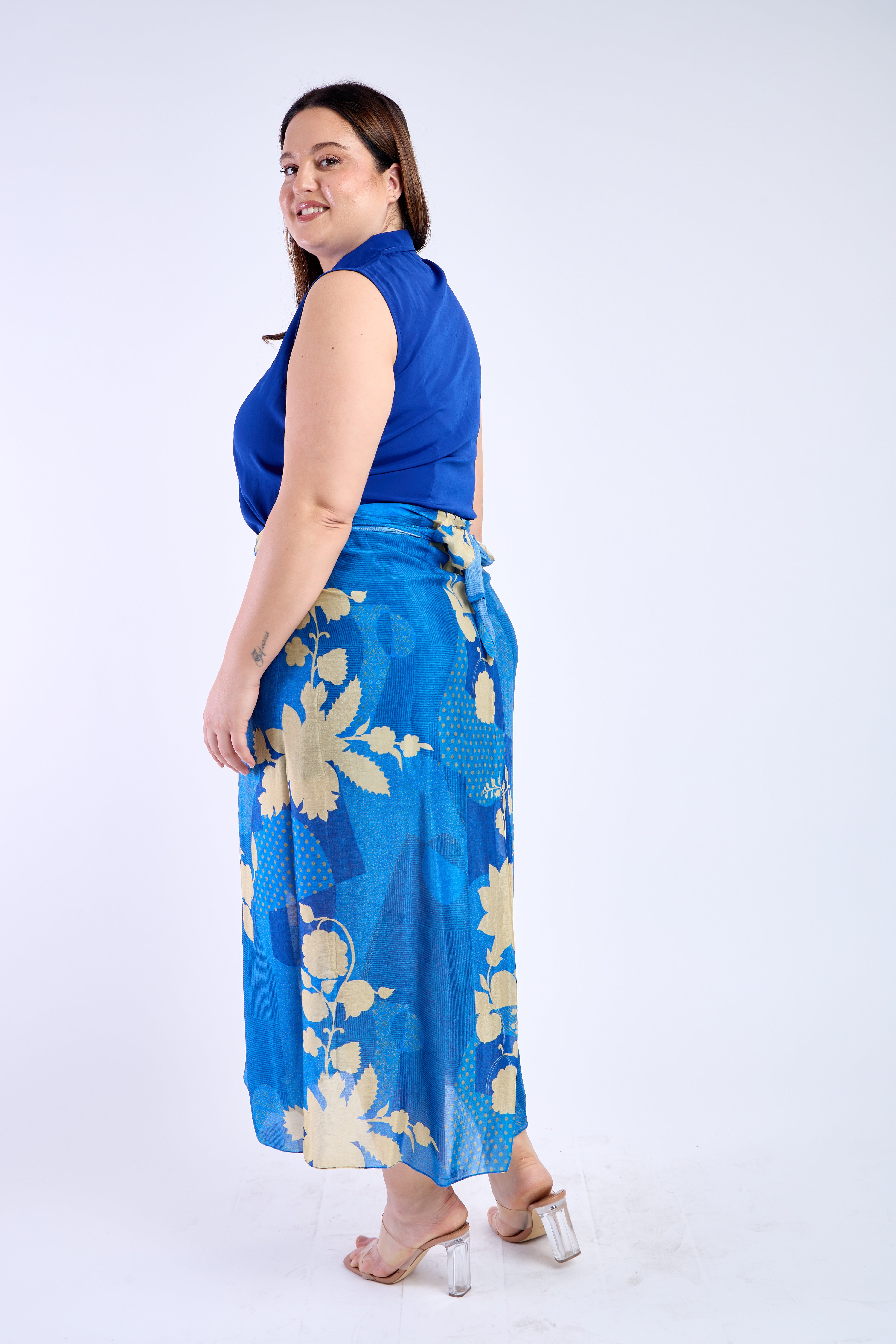 Blue Shirt with Floral Blue Skirt