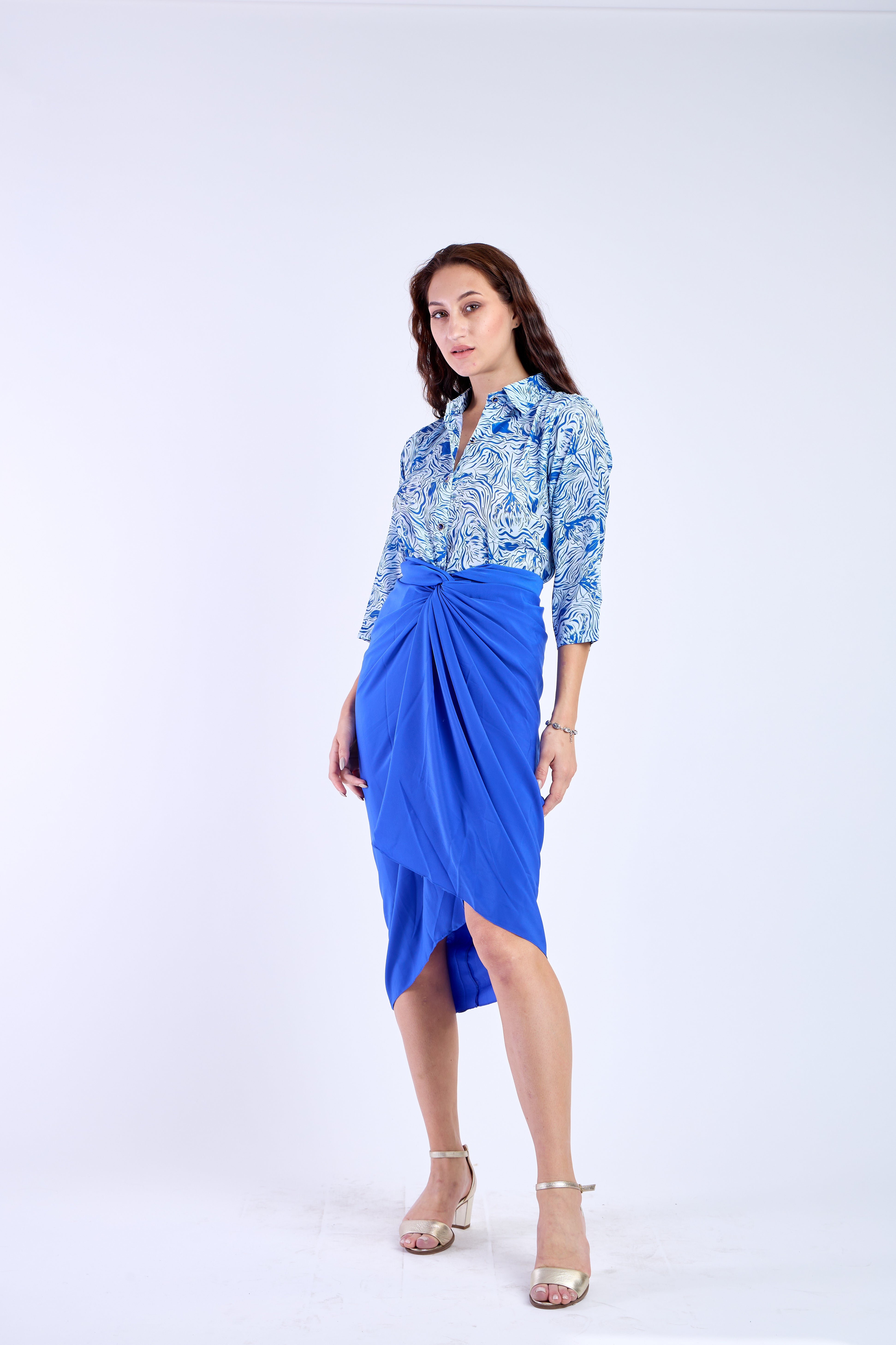 Blue Floral Shirt with Blue Skirt