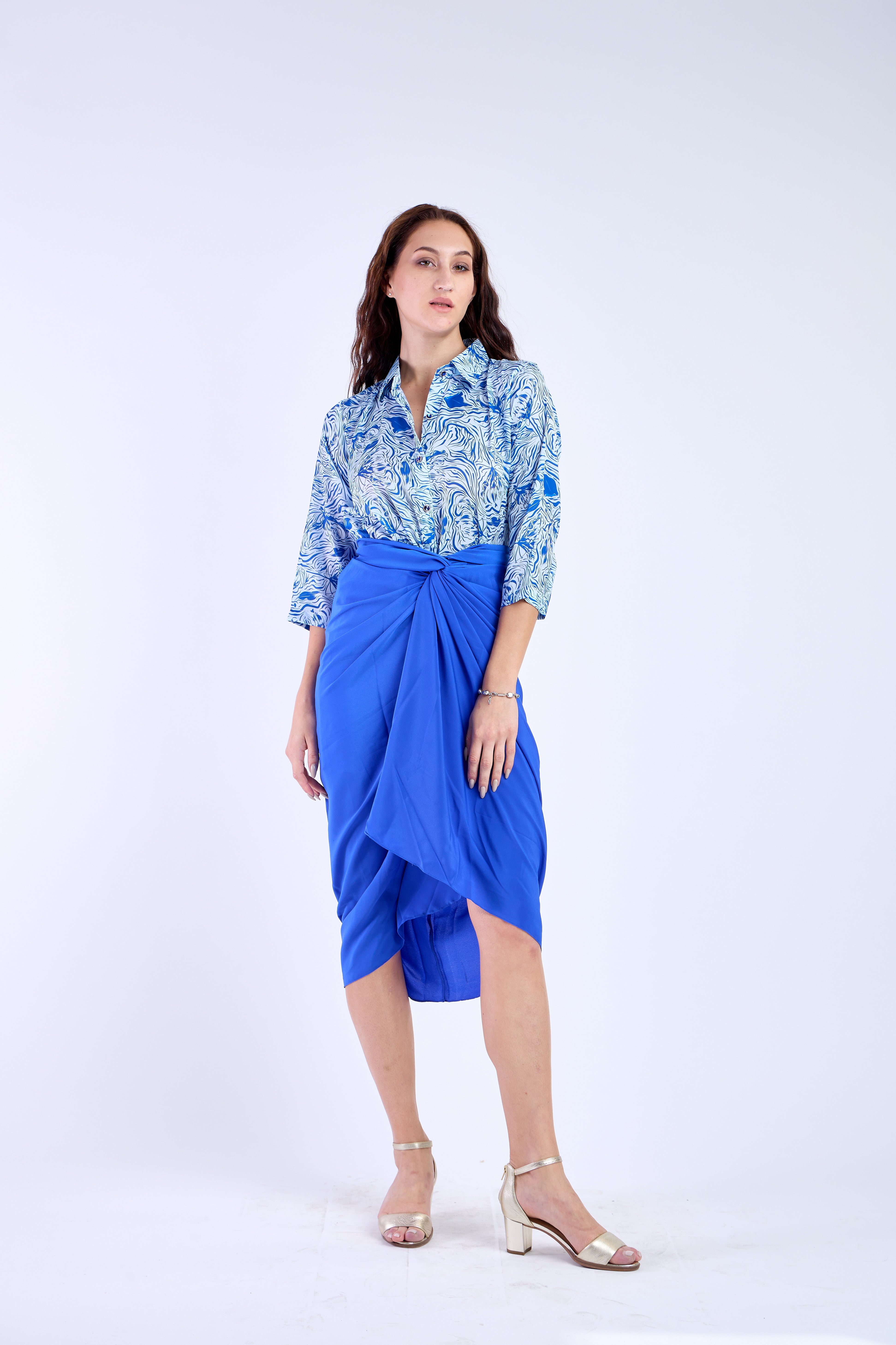 Blue Floral Shirt with Blue Skirt