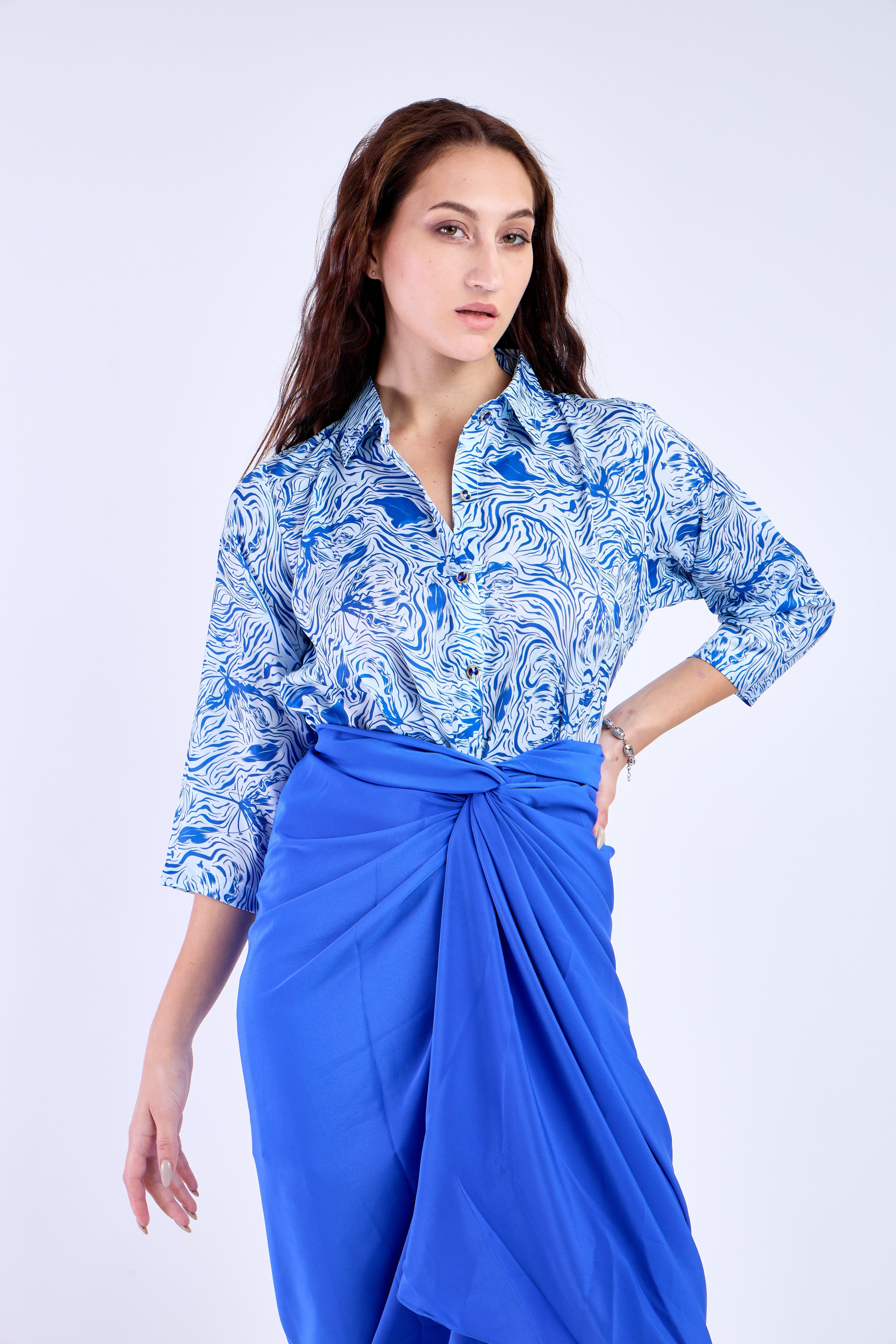 Blue Floral Shirt with Blue Skirt