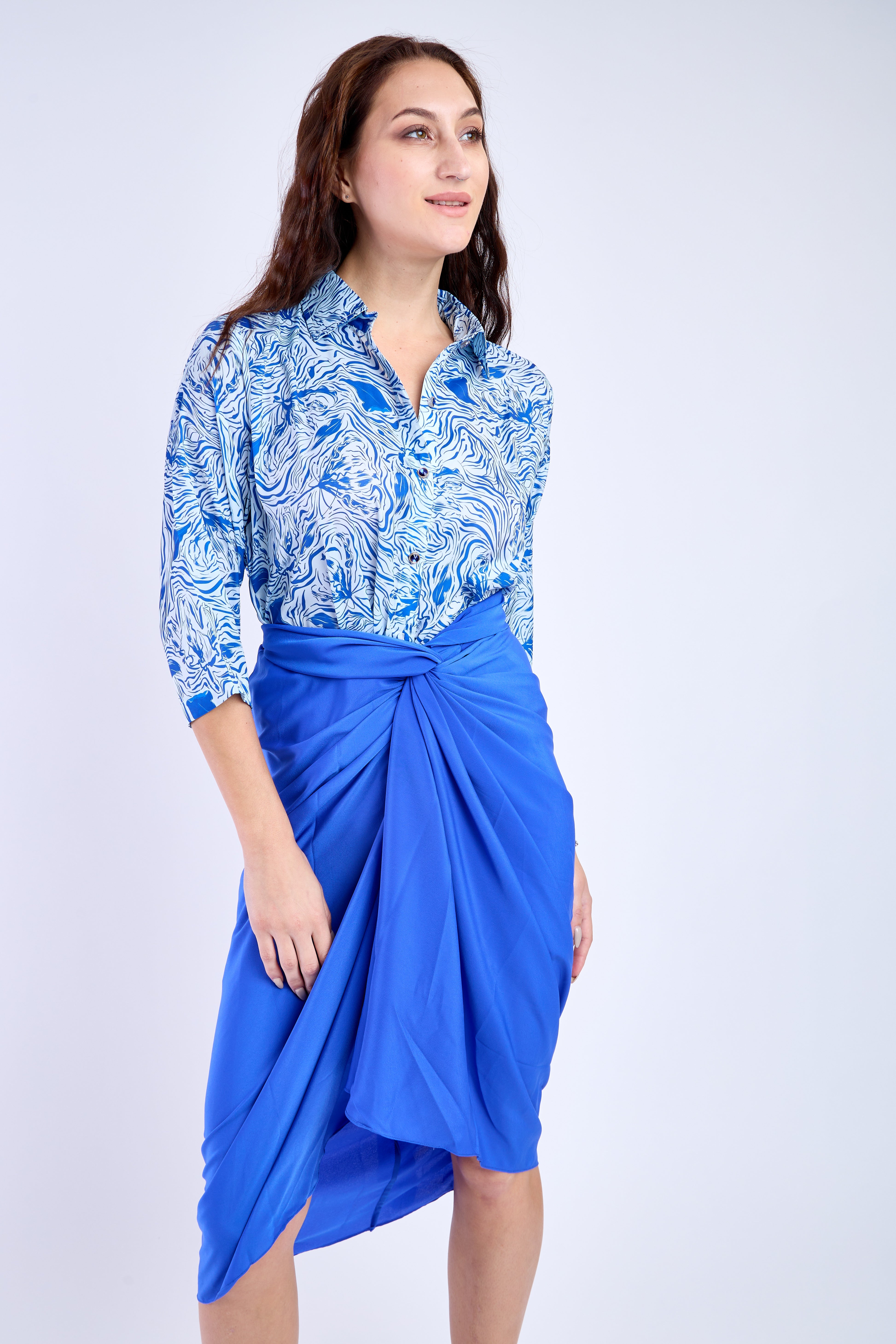 Blue Floral Shirt with Blue Skirt