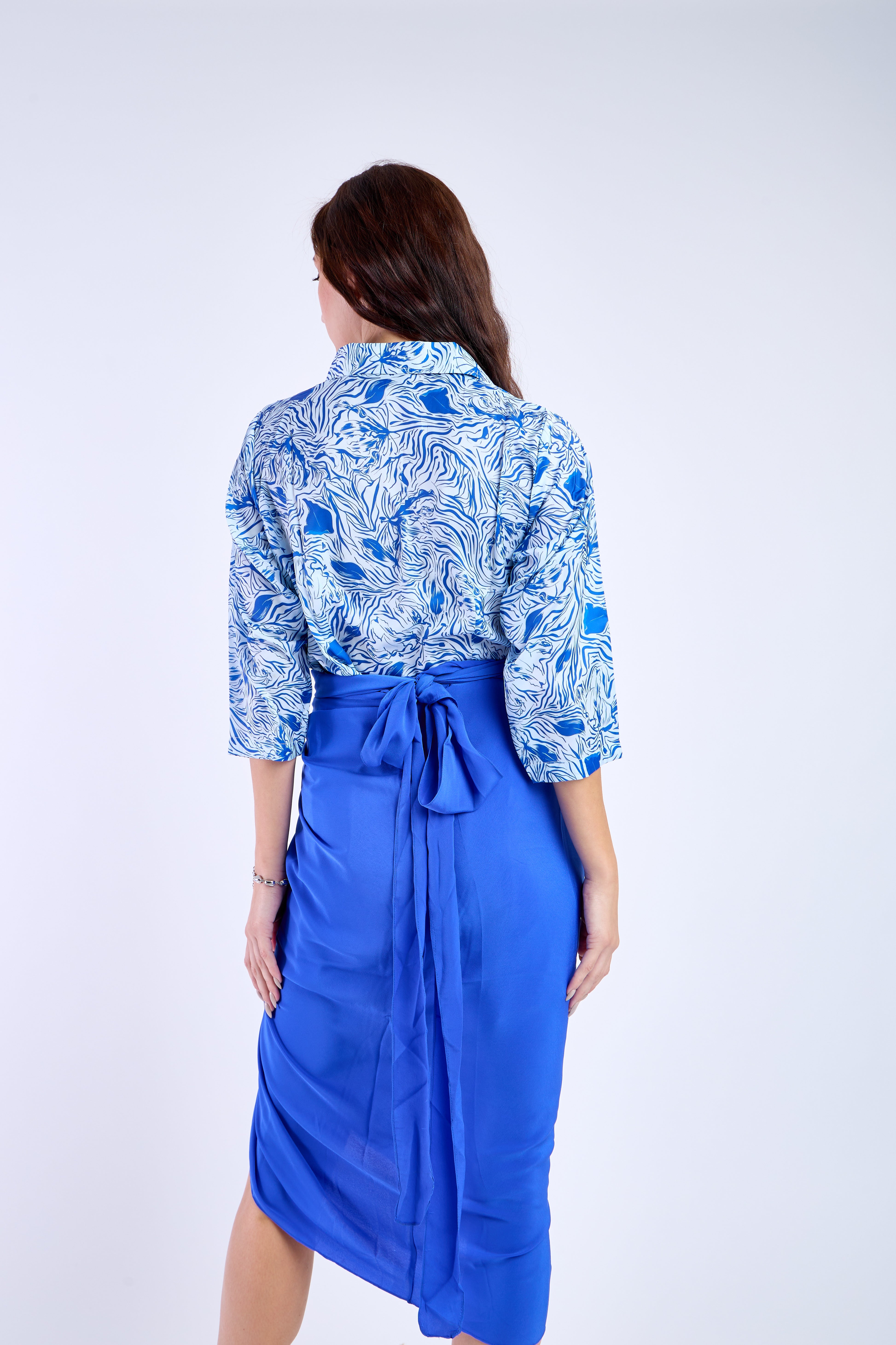 Blue Floral Shirt with Blue Skirt