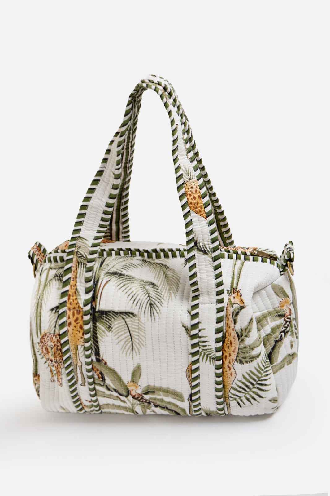 White Quilted Cotton Mini Duffle Bag with Safari Print & Striped Handles | Nausicaa