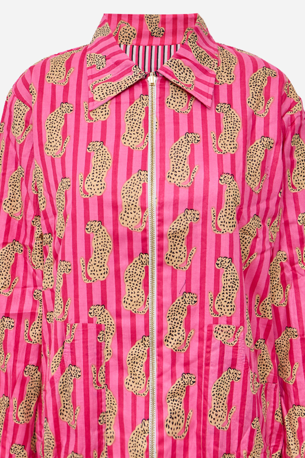 Pink Cotton Bomber Jacket with Leopard Print & Striped Pattern | Thalia