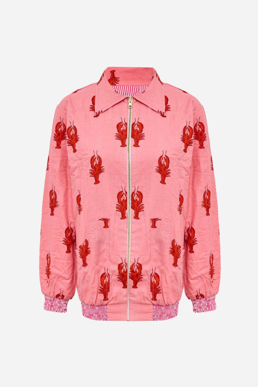 Pink Cotton Bomber Jacket with Lobster Motif & Playful Statement Design | Melite