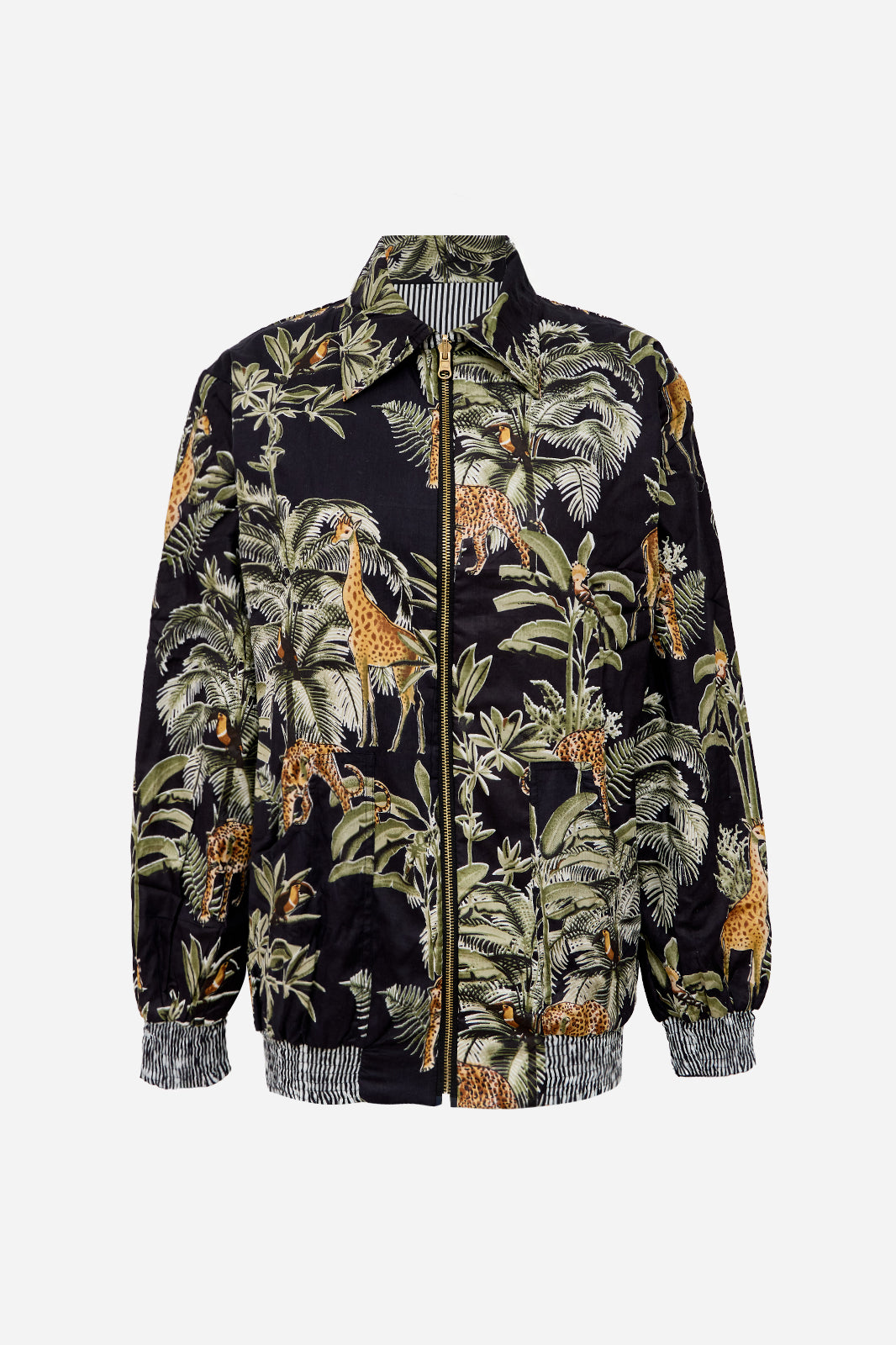 Black Cotton Safari Bomber Jacket with Giraffe & Leopard Print | Kallisto