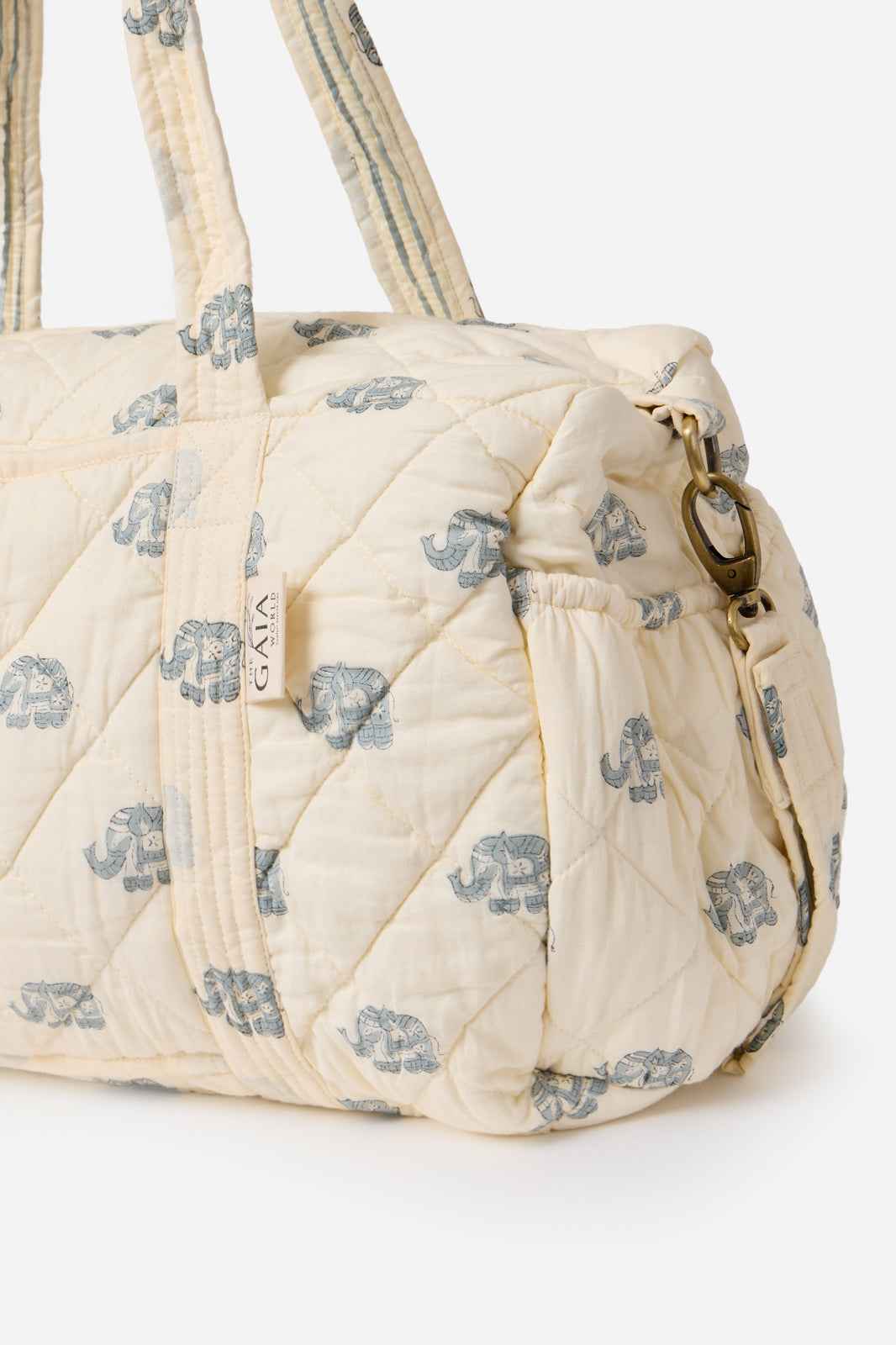 Cream Quilted Cotton Travel Duffle Bag with Blue Elephant Print | Hadiya