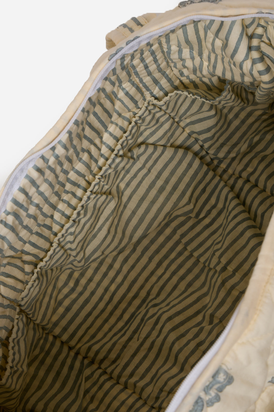Cream Quilted Cotton Travel Duffle Bag with Blue Elephant Print | Hadiya