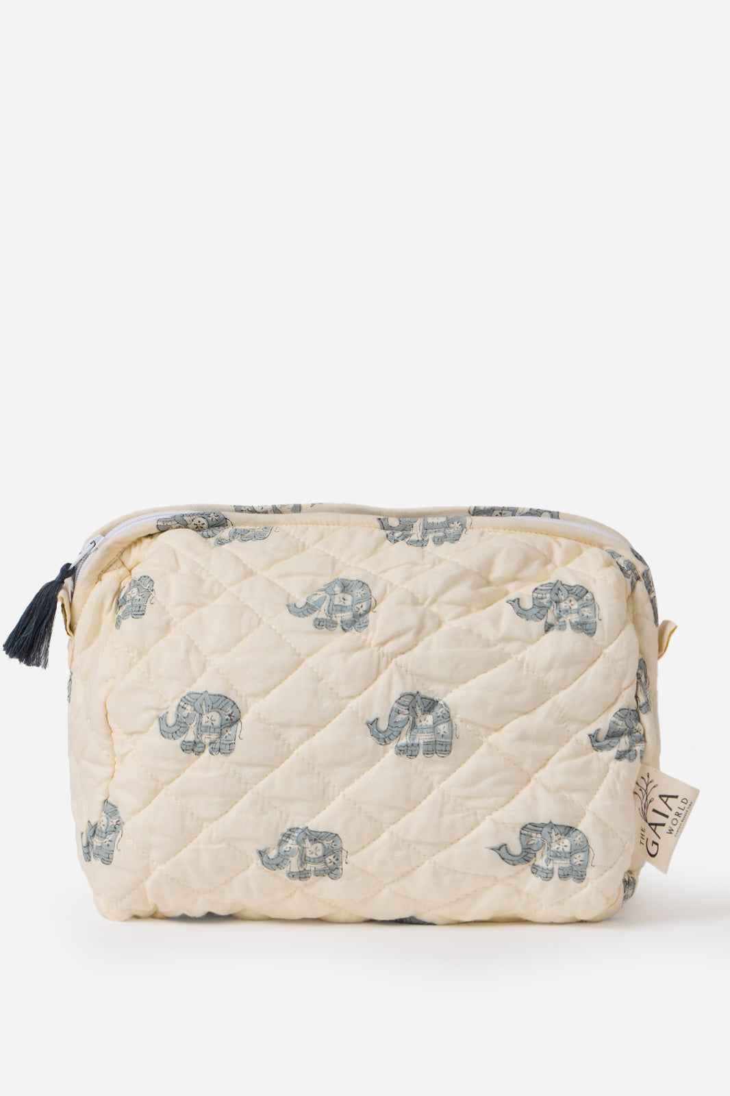 Cream Quilted Cotton Pouch with Hand Block Elephant Motif & Everyday Organization | Fariha