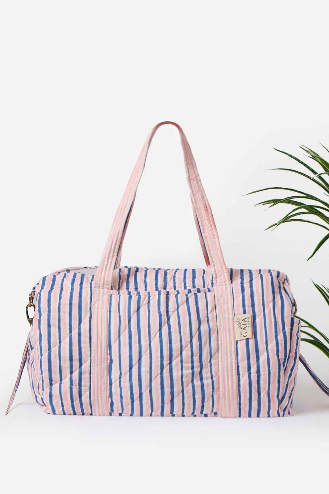 Blush Pink & Sky Blue Stripes Quilted Cotton Travel Duffle Bag with Blue Elephant Print | Hadiya